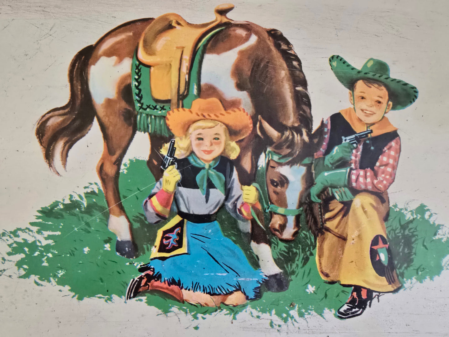 Vintage Western Cowboy Kids and Horse Tin Serving Tray