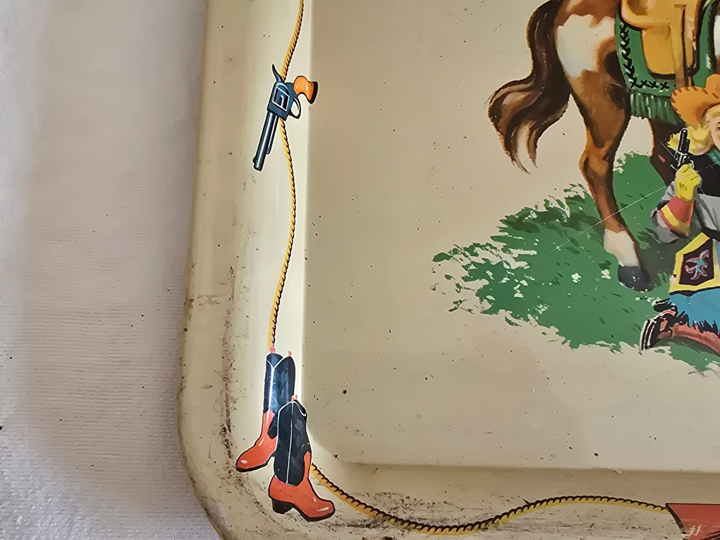 Vintage Western Cowboy Kids and Horse Tin Serving Tray
