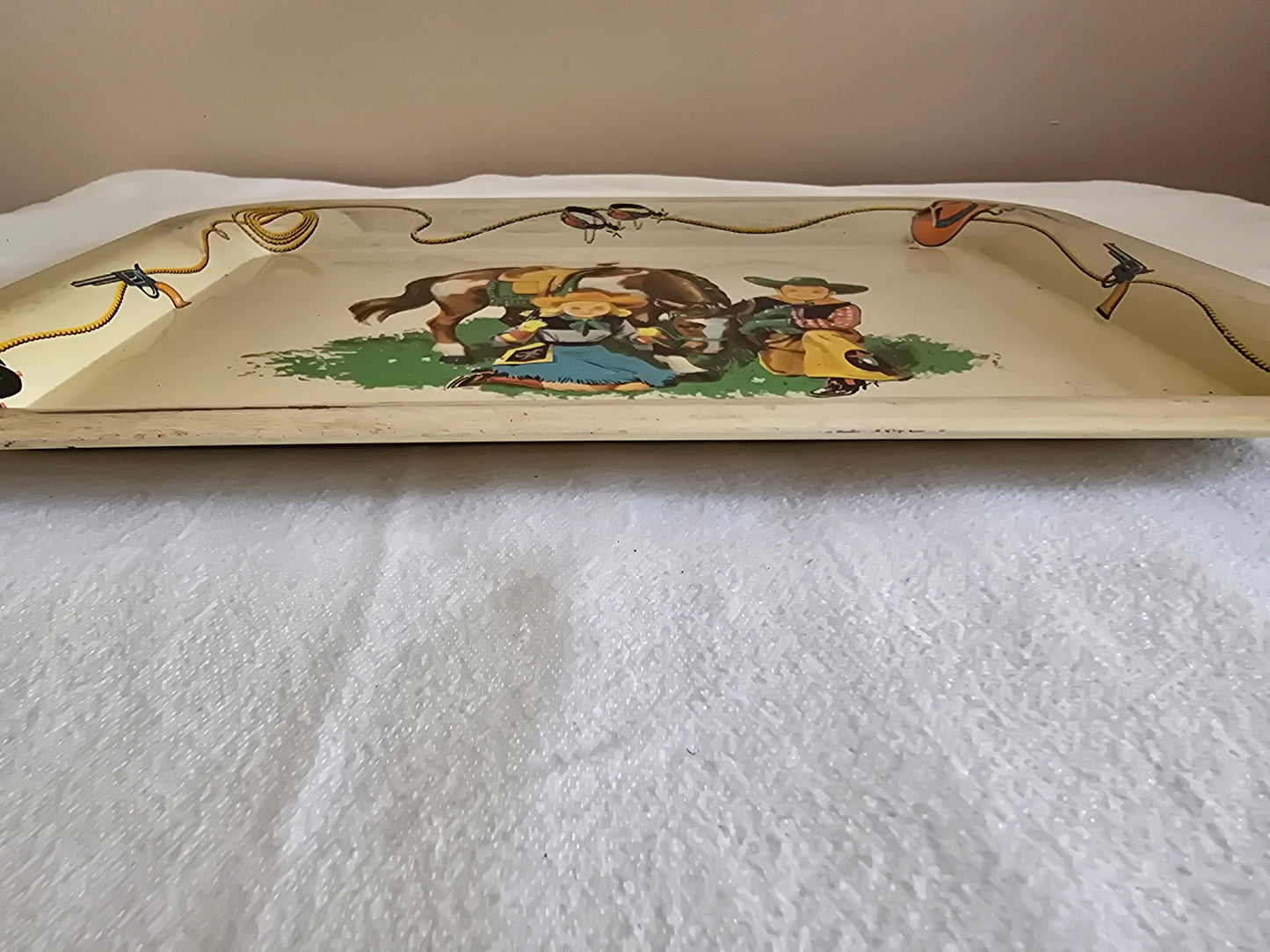 Vintage Western Cowboy Kids and Horse Tin Serving Tray