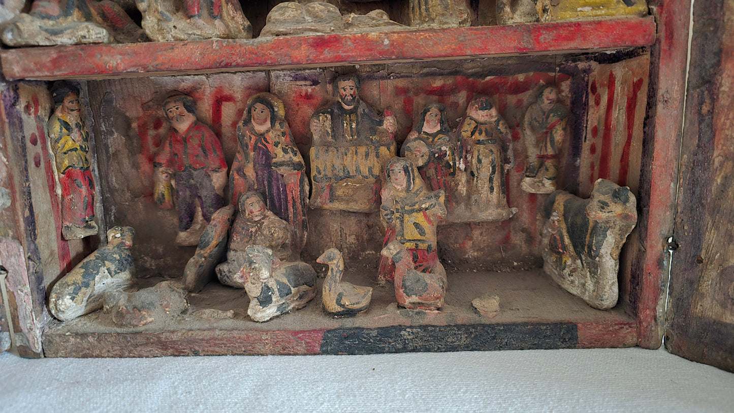 Antique Peruvian Retablo Religious Saints Carved Shrine Prayer Box Cabinet Filadelfia