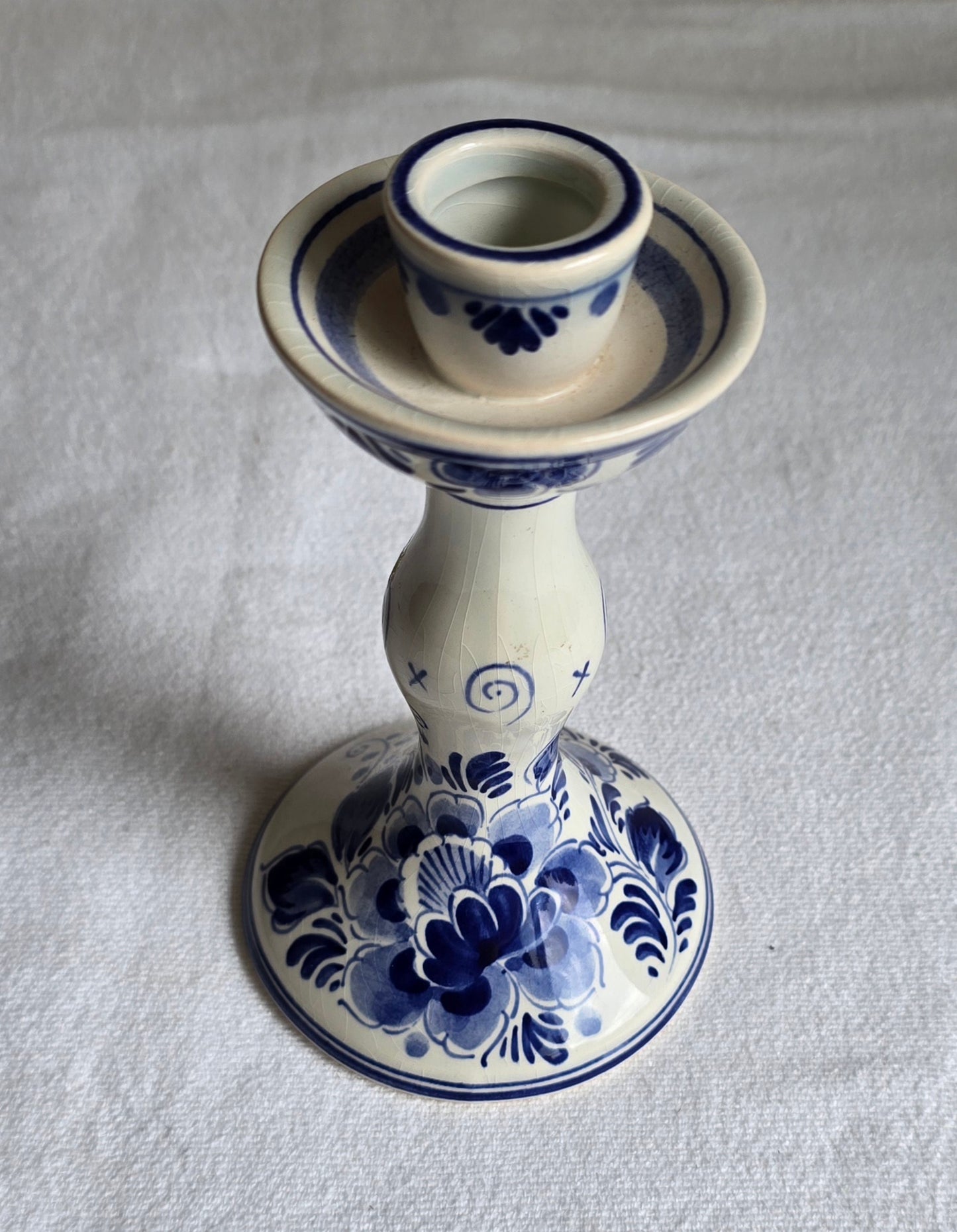 Vintage Delfts Holland Hand Painted Blue & White Floral Porcelain Candlestick Holder