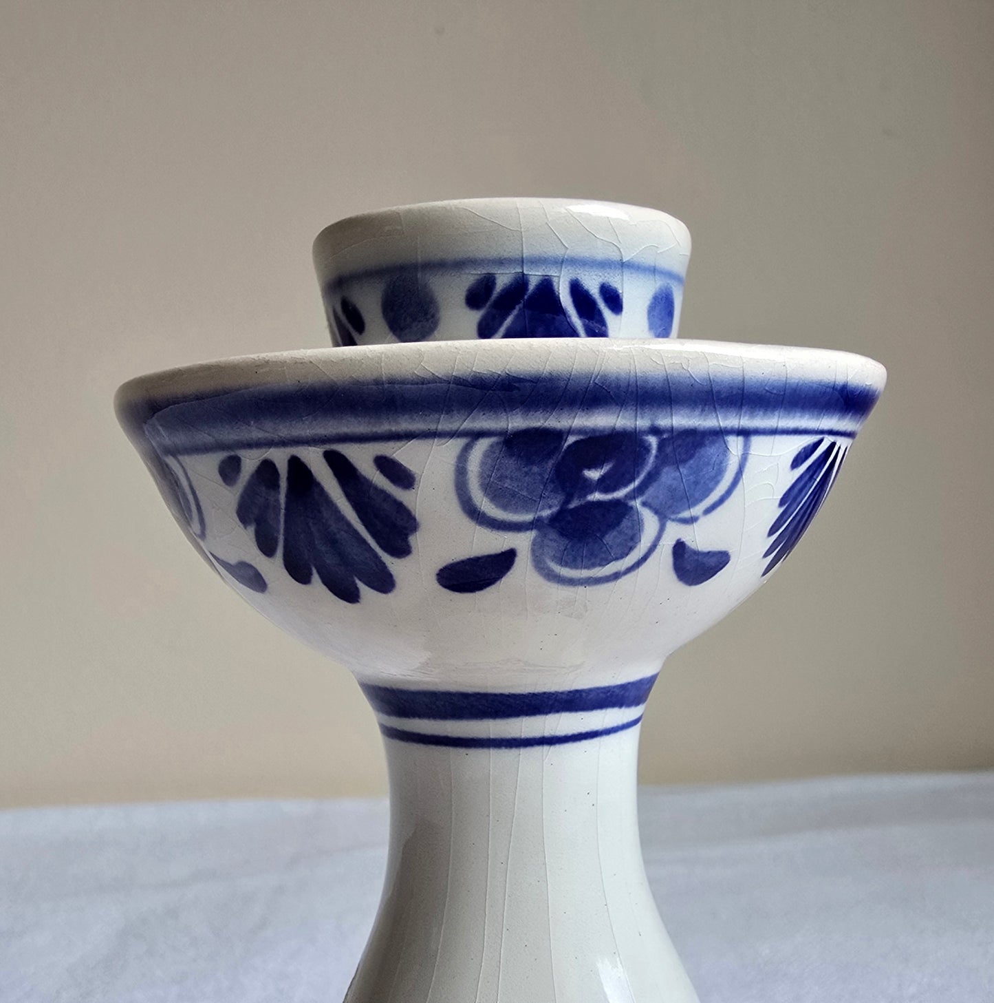 Vintage Delfts Holland Hand Painted Blue & White Floral Porcelain Candlestick Holder