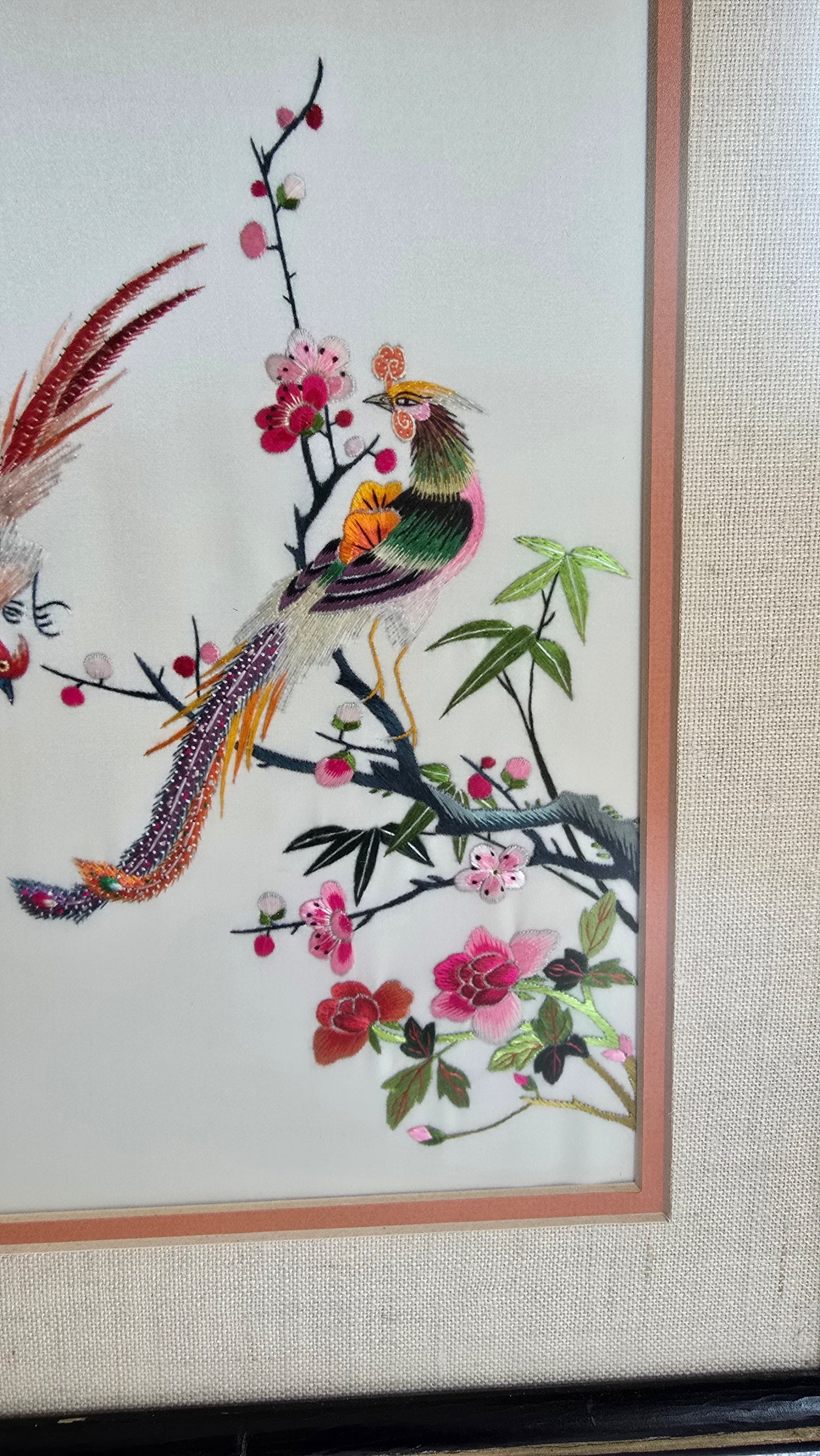Vintage Chinese Embroidered Silk Framed Art Floral and Birds Asian Design