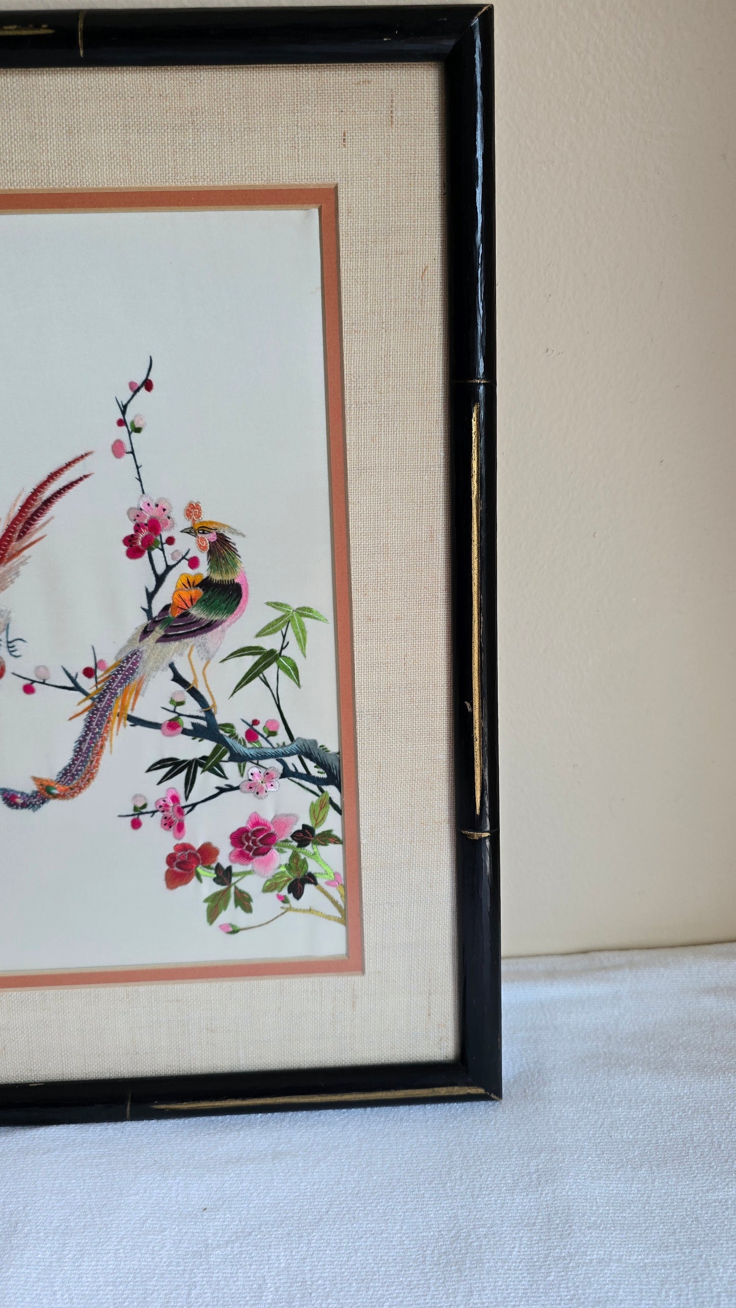 Vintage Chinese Embroidered Silk Framed Art Floral and Birds Asian Design