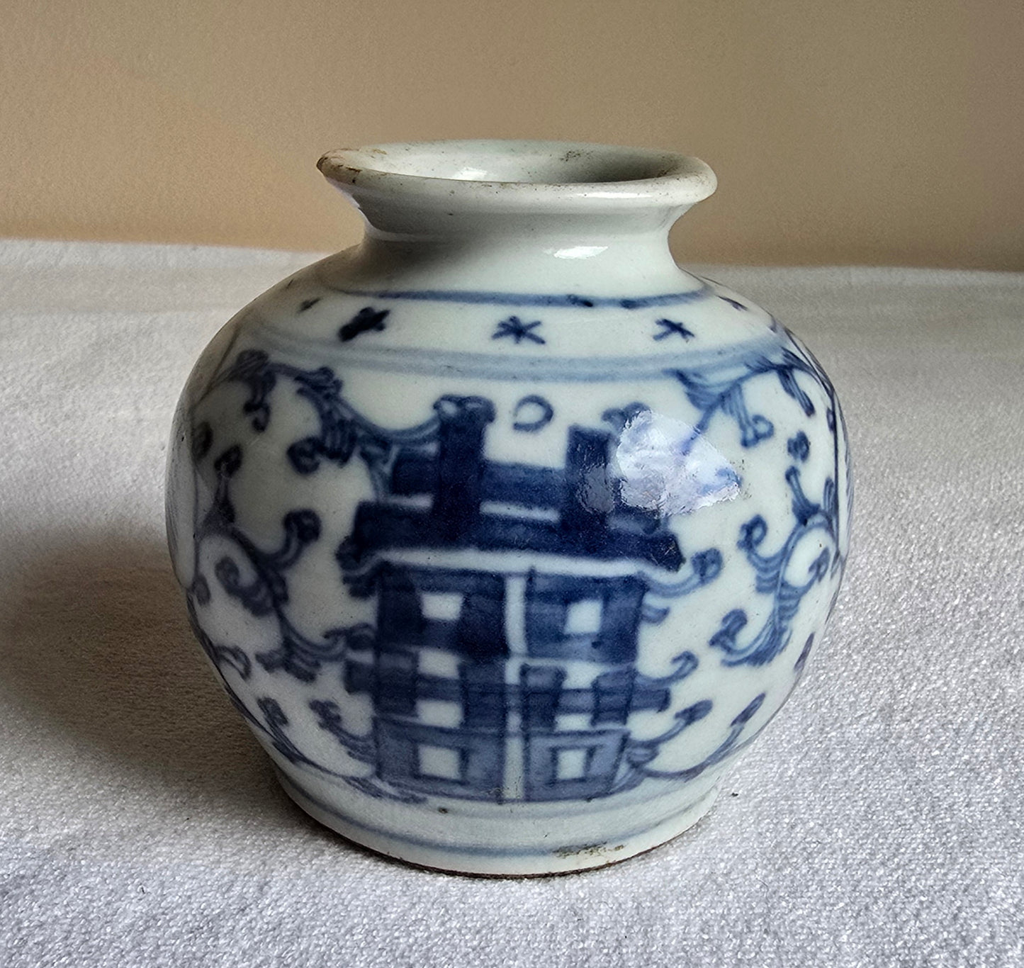 Antique Chinese Asian Blue & White Porcelain Double Happiness Brush Washer Hand Painted Vase Jar