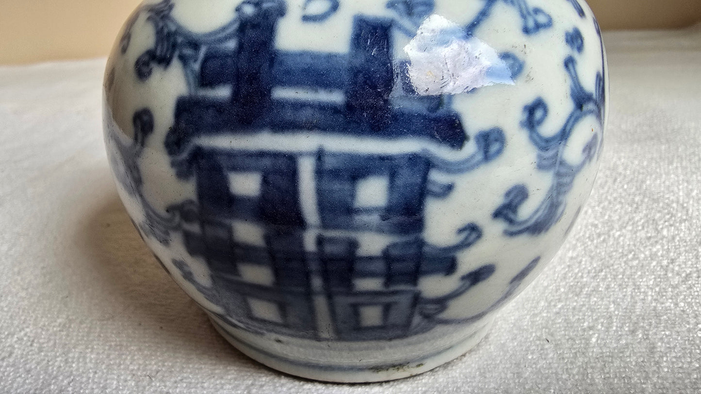 Antique Chinese Asian Blue & White Porcelain Double Happiness Brush Washer Hand Painted Vase Jar