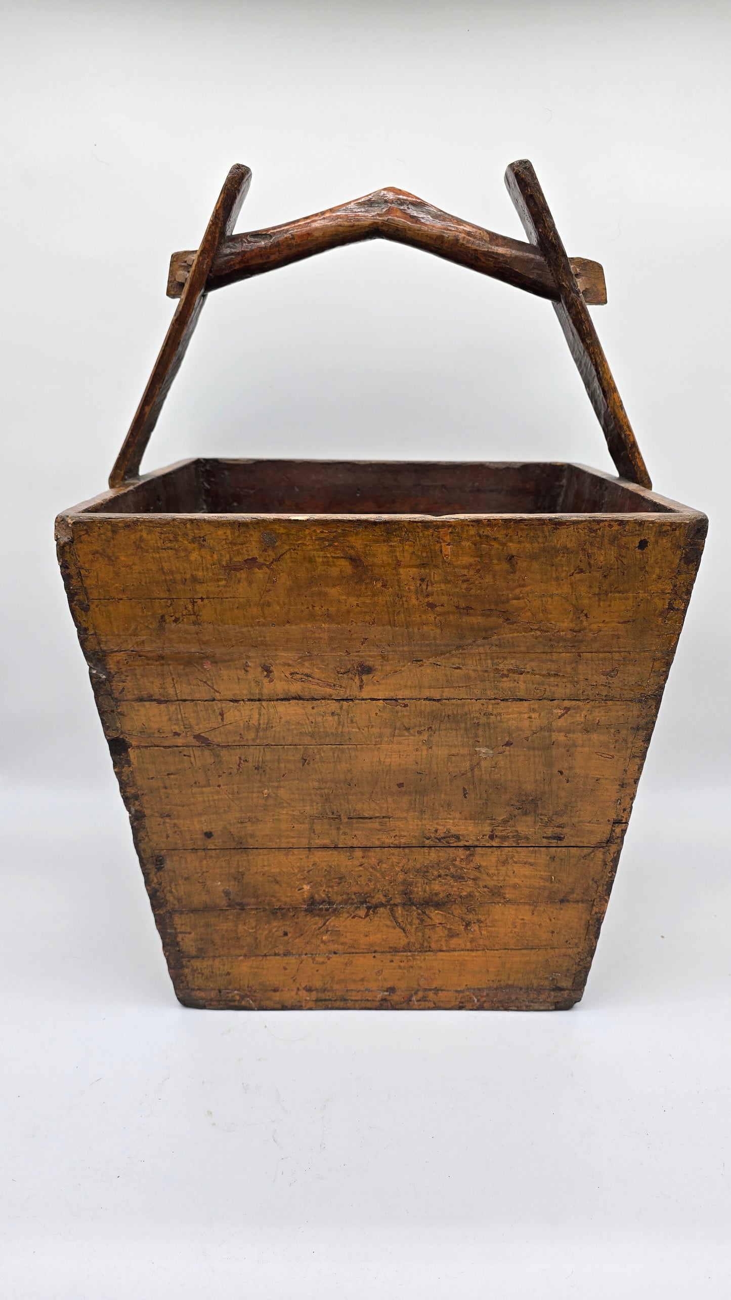 Antique Asian Chinese Wooden Painted Grain Rice Carrier Bucket