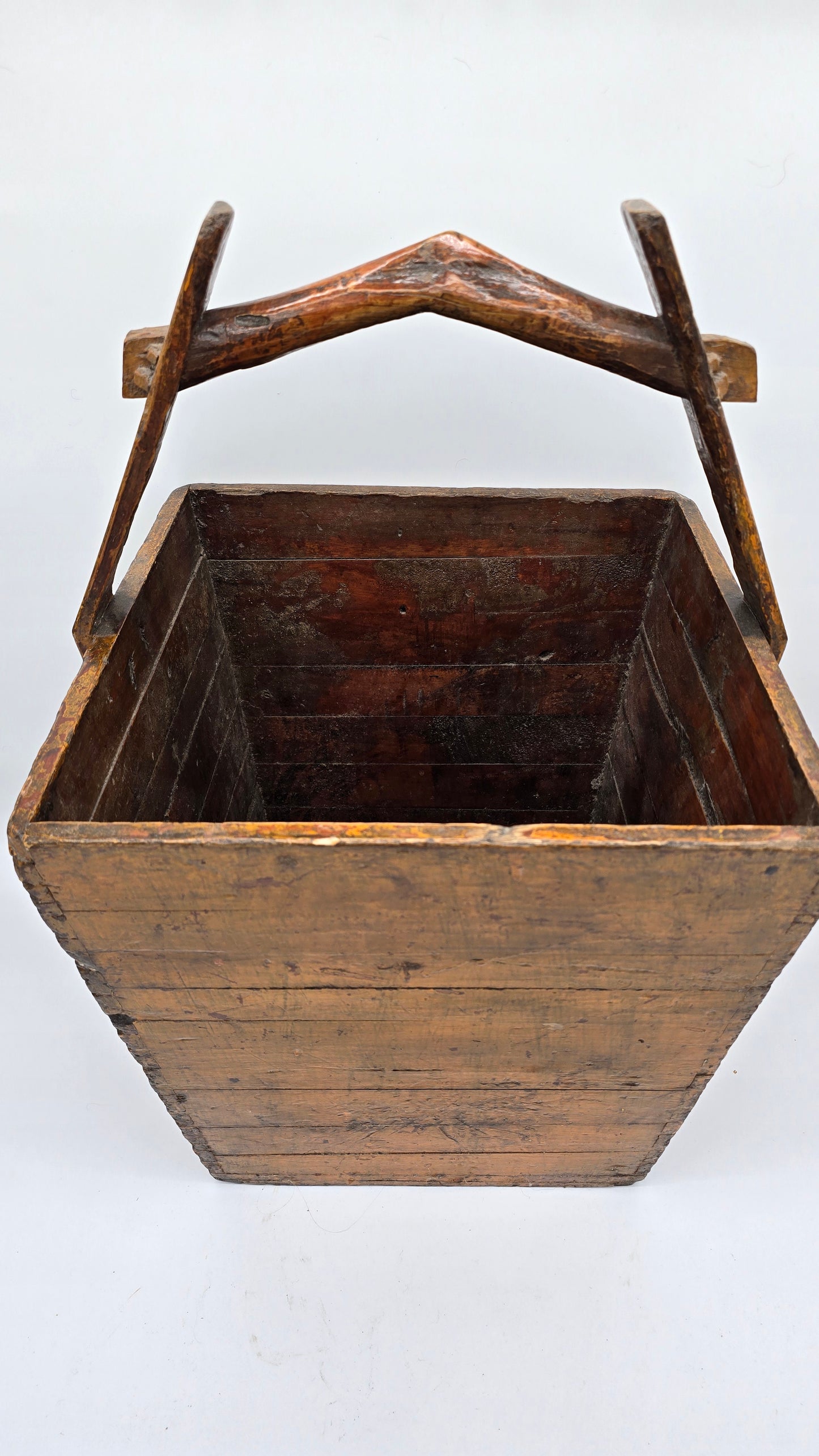 Antique Asian Chinese Wooden Painted Grain Rice Carrier Bucket