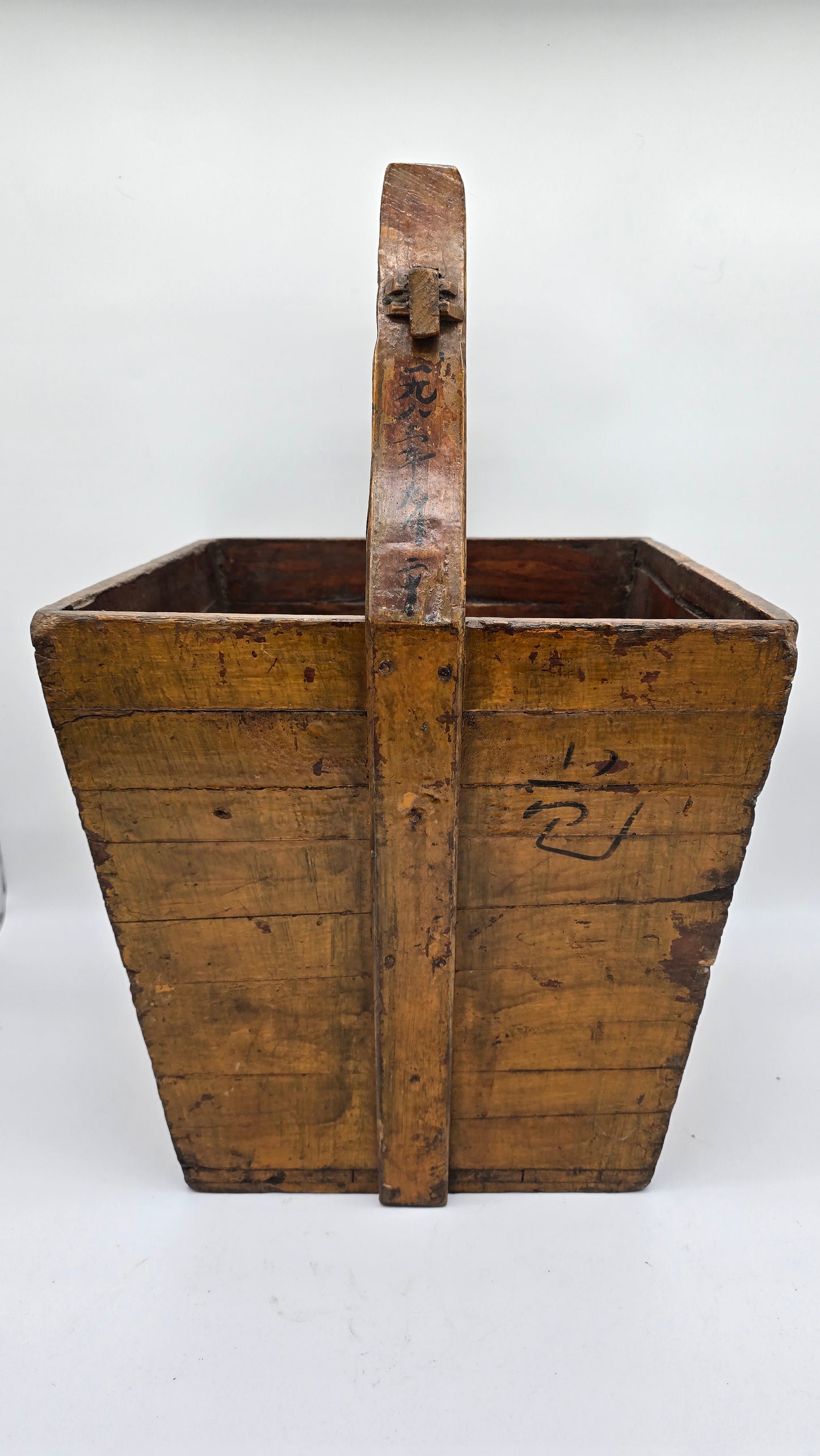 Antique Asian Chinese Wooden Painted Grain Rice Carrier Bucket