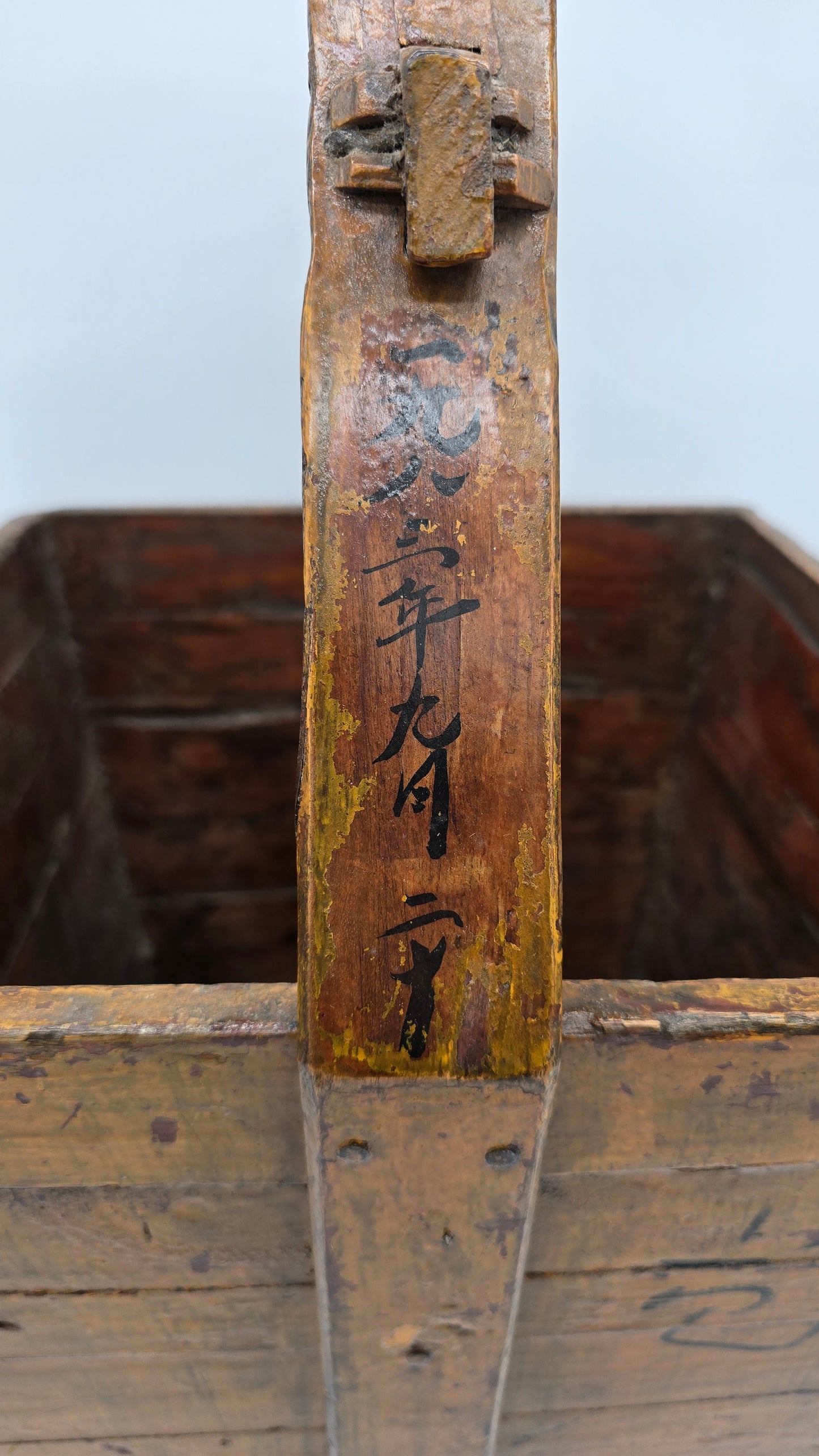 Antique Asian Chinese Wooden Painted Grain Rice Carrier Bucket