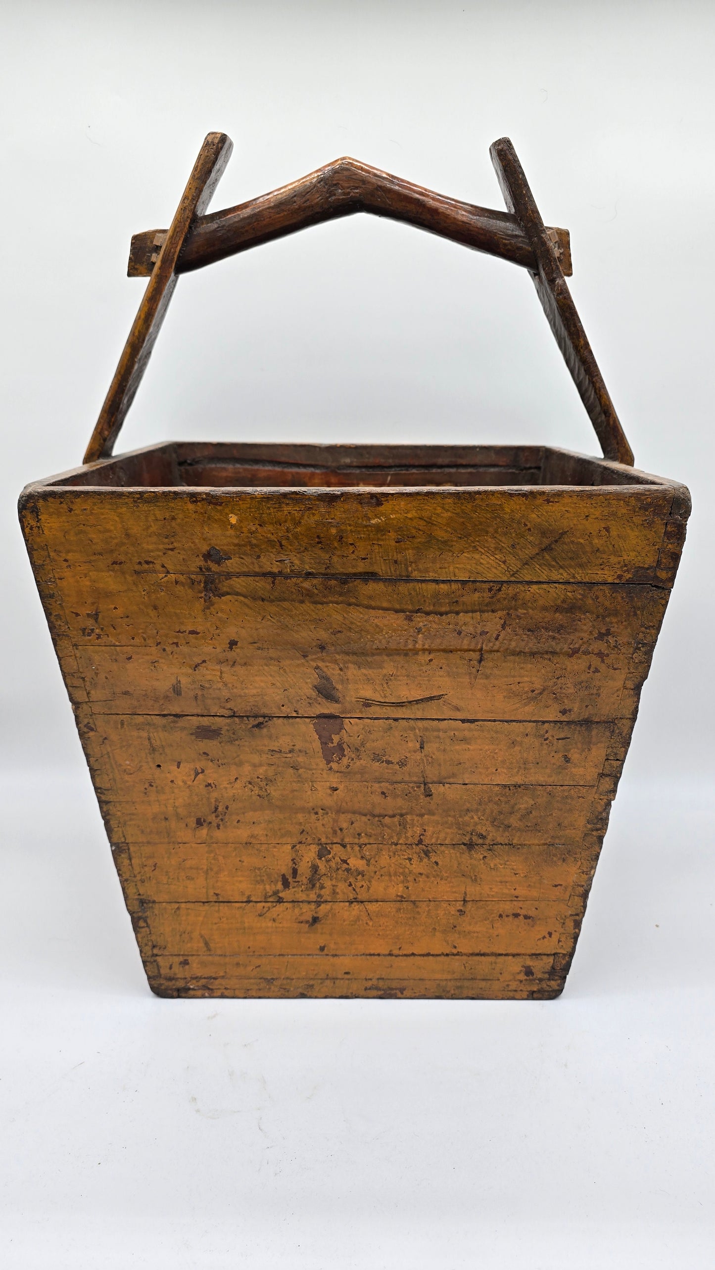 Antique Asian Chinese Wooden Painted Grain Rice Carrier Bucket