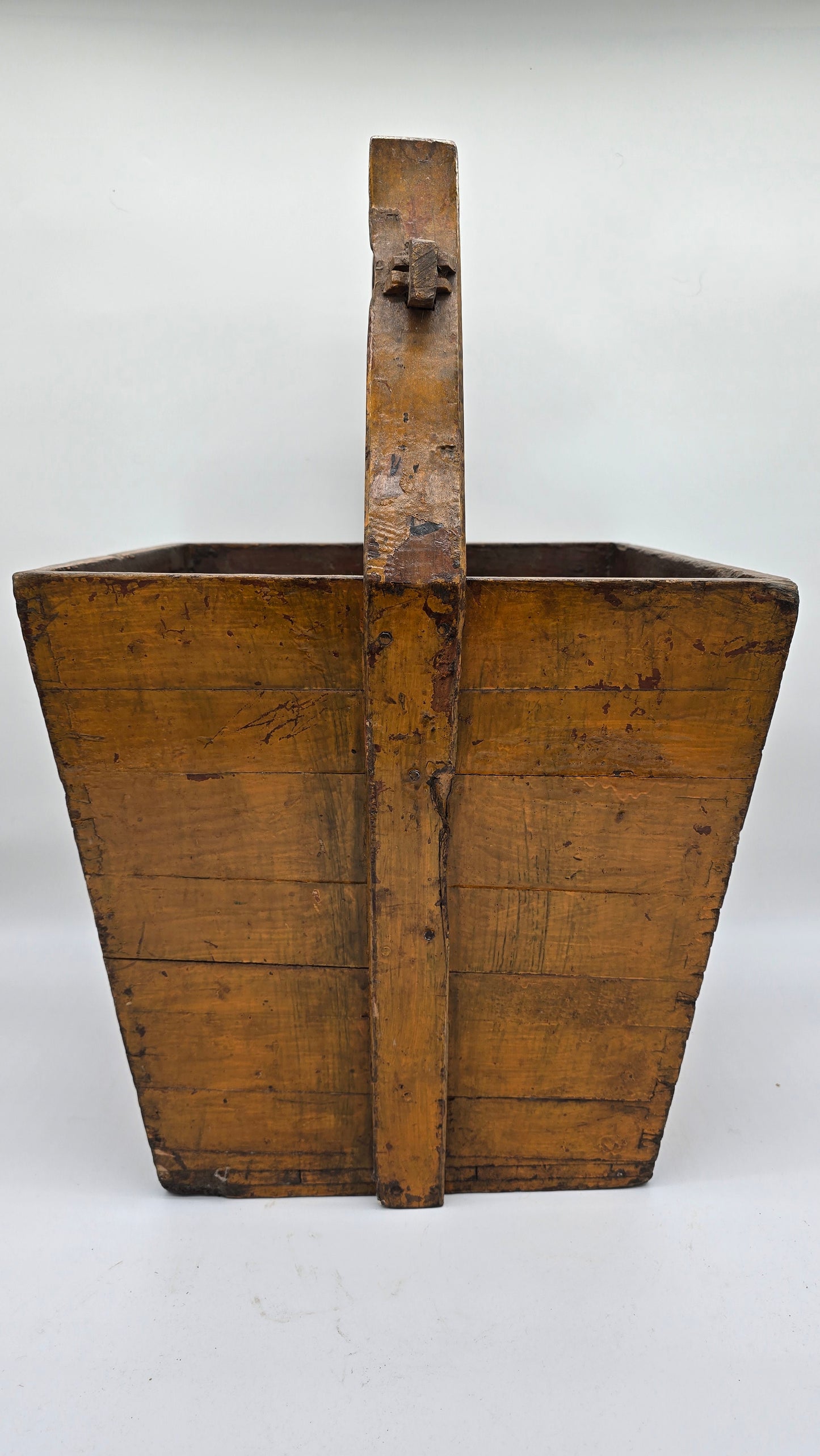 Antique Asian Chinese Wooden Painted Grain Rice Carrier Bucket