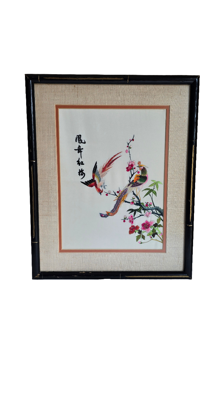 Vintage Chinese Embroidered Silk Framed Art Floral and Birds Asian Design