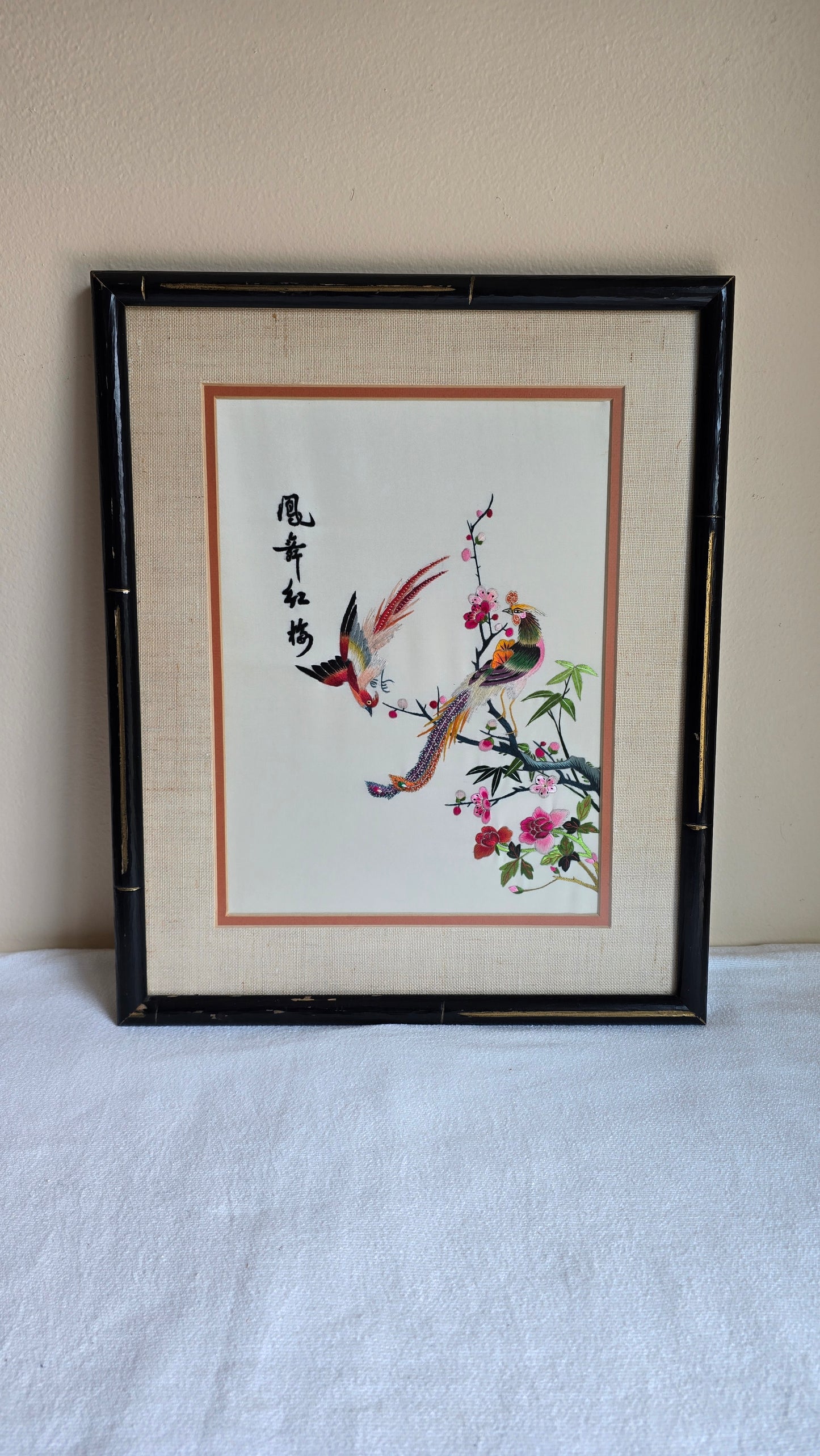 Vintage Chinese Embroidered Silk Framed Art Floral and Birds Asian Design