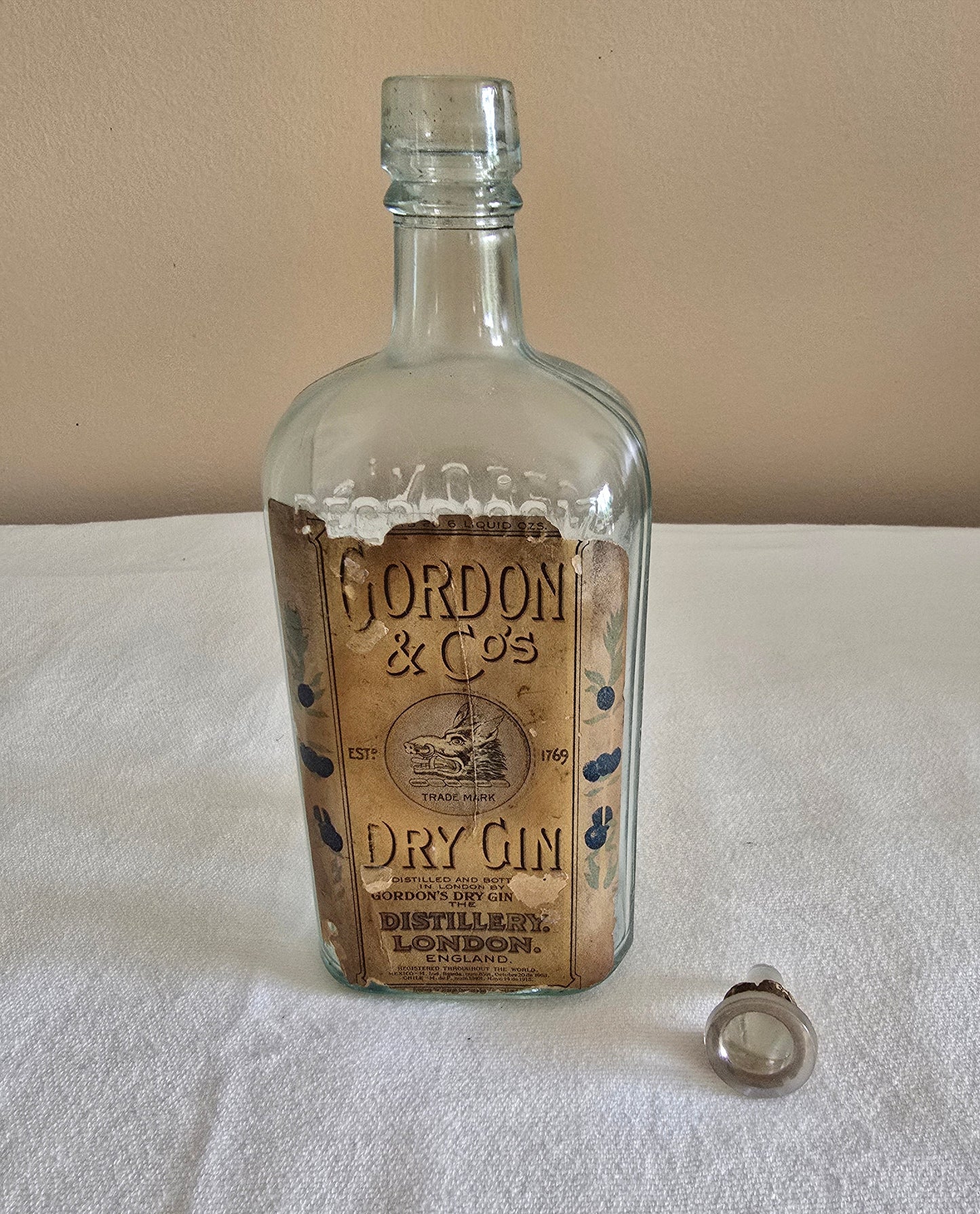 Antique Gordon & Co Dry Gin Liquor Glass Bottle with Glass Cork London England