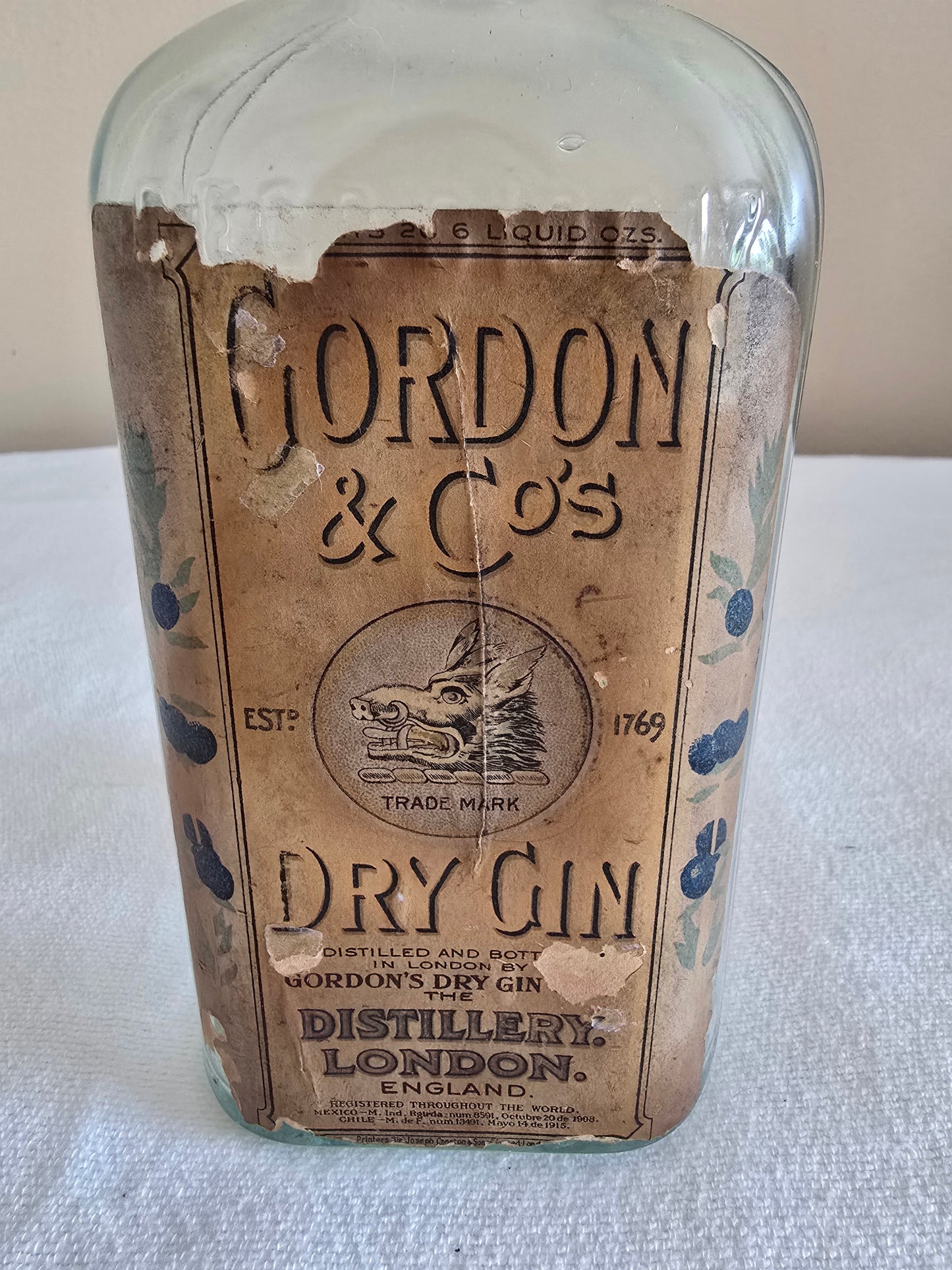 Antique Gordon & Co Dry Gin Liquor Glass Bottle with Glass Cork London England