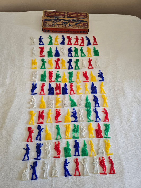 Vintage Set of 100 Cowboys and Indians Plastic Toys in Original Box