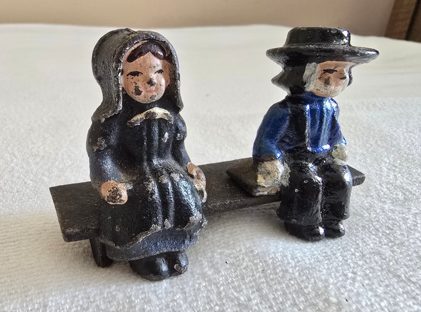Vintage Cast Iron Amish Man and Woman on Bench