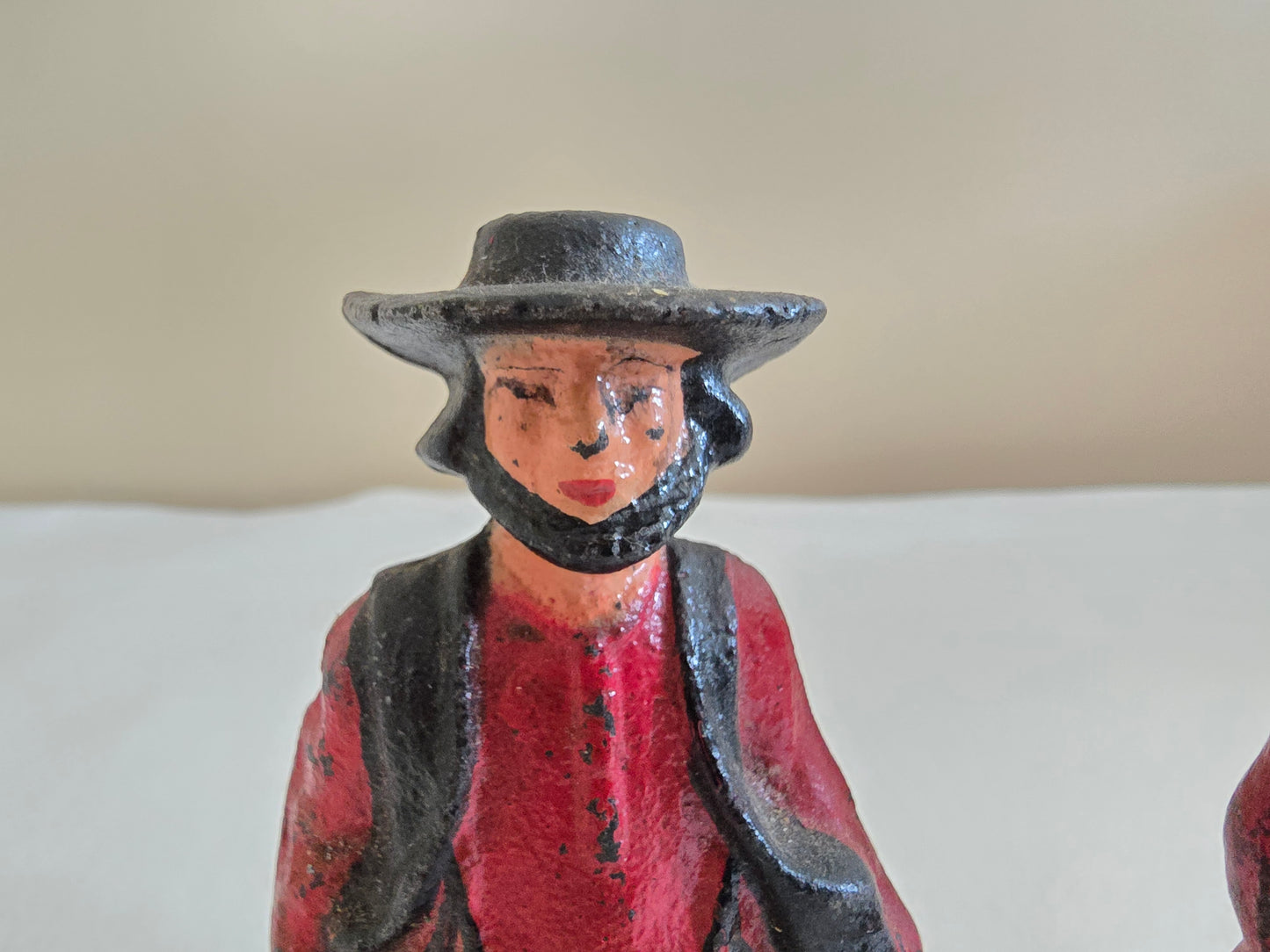 Vintage Cast Iron Amish Family Man and Woman Figurines with Miniature Boy and Girl Children Sitting
