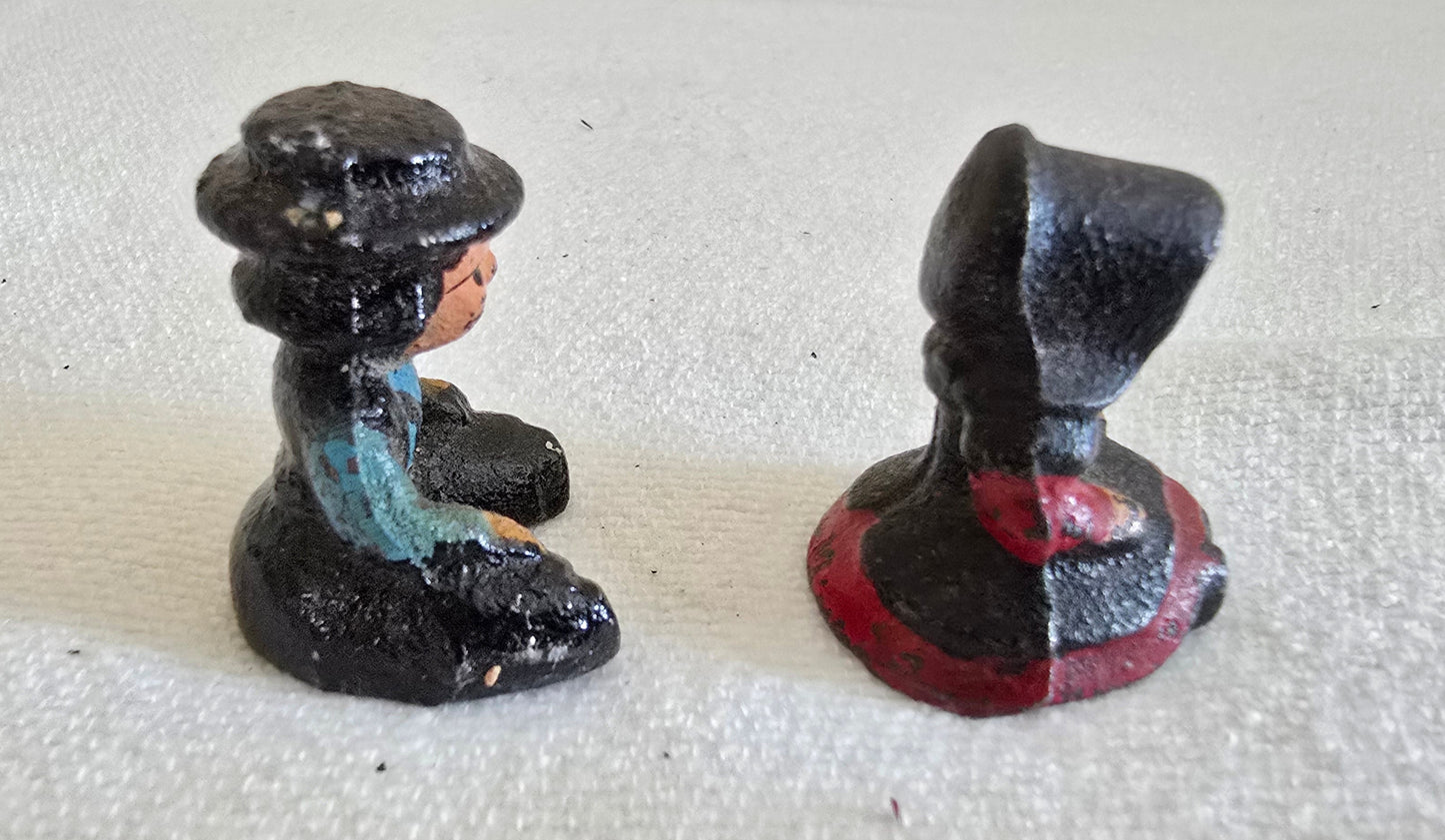 Vintage Cast Iron Amish Family Man and Woman Figurines with Miniature Boy and Girl Children Sitting