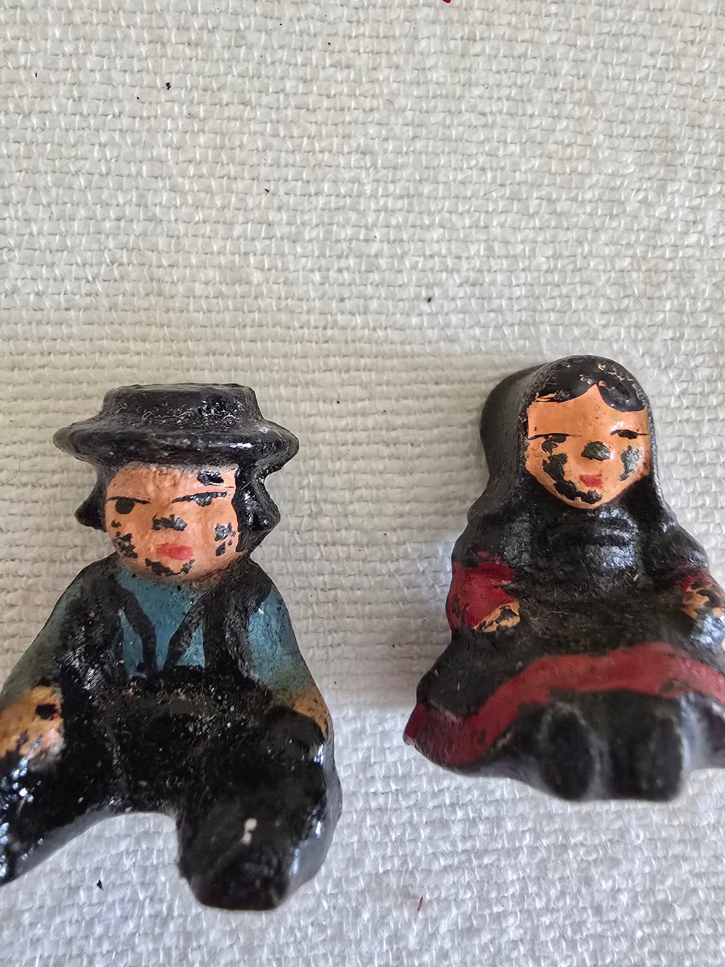 Vintage Cast Iron Amish Family Man and Woman Figurines with Miniature Boy and Girl Children Sitting