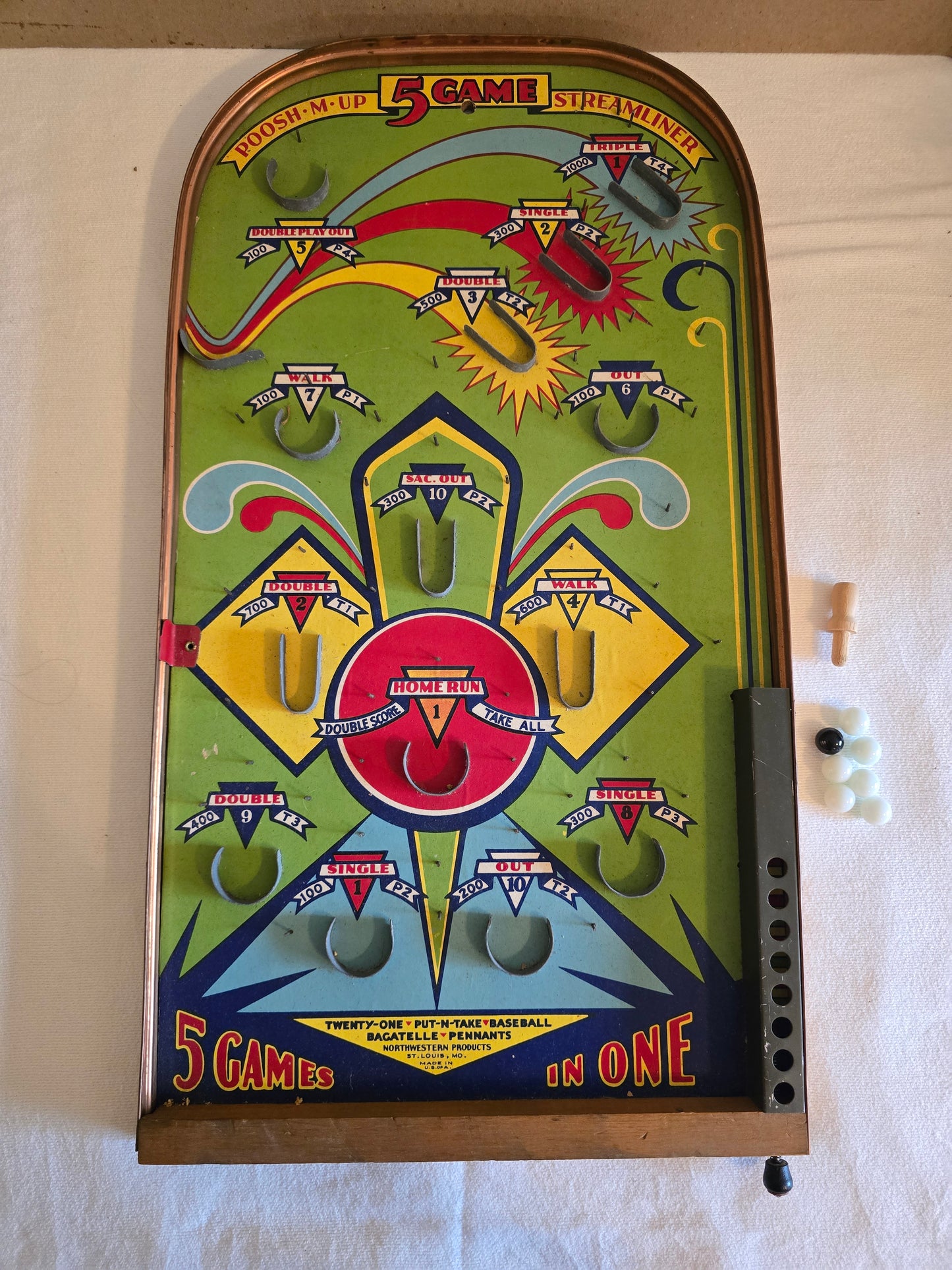 Vintage Poosh-M-Up 5 Game Streamliner No. 5GS Northwestern Products Co. Bagatelle Tabletop Pinball Game