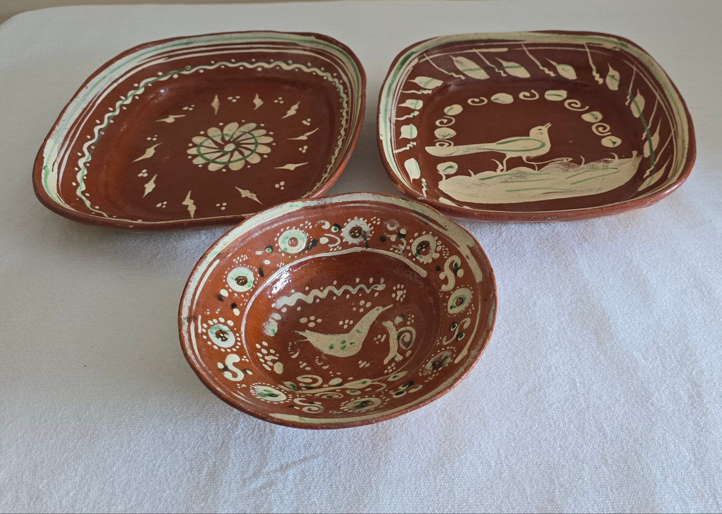 Vintage Redware Tlaqueplaque Pottery Set of 2 Platters and Bowl Made in Mexico