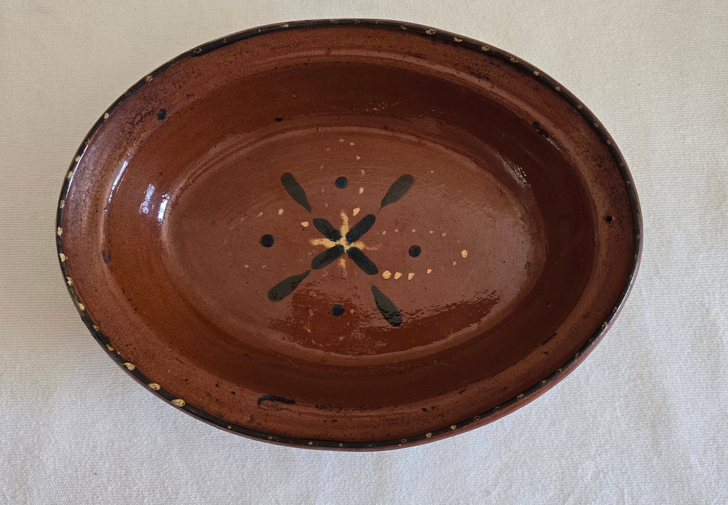 Vintage Redware Oval Platter Dish Painted Glazed