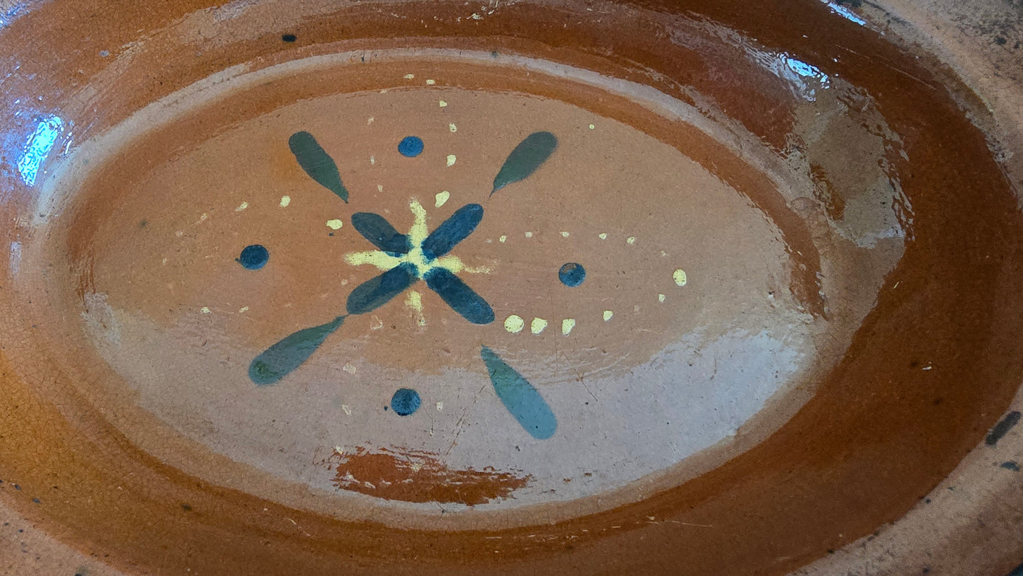 Vintage Redware Oval Platter Dish Painted Glazed