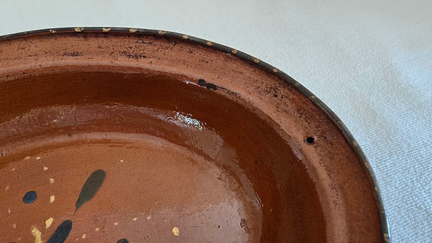 Vintage Redware Oval Platter Dish Painted Glazed