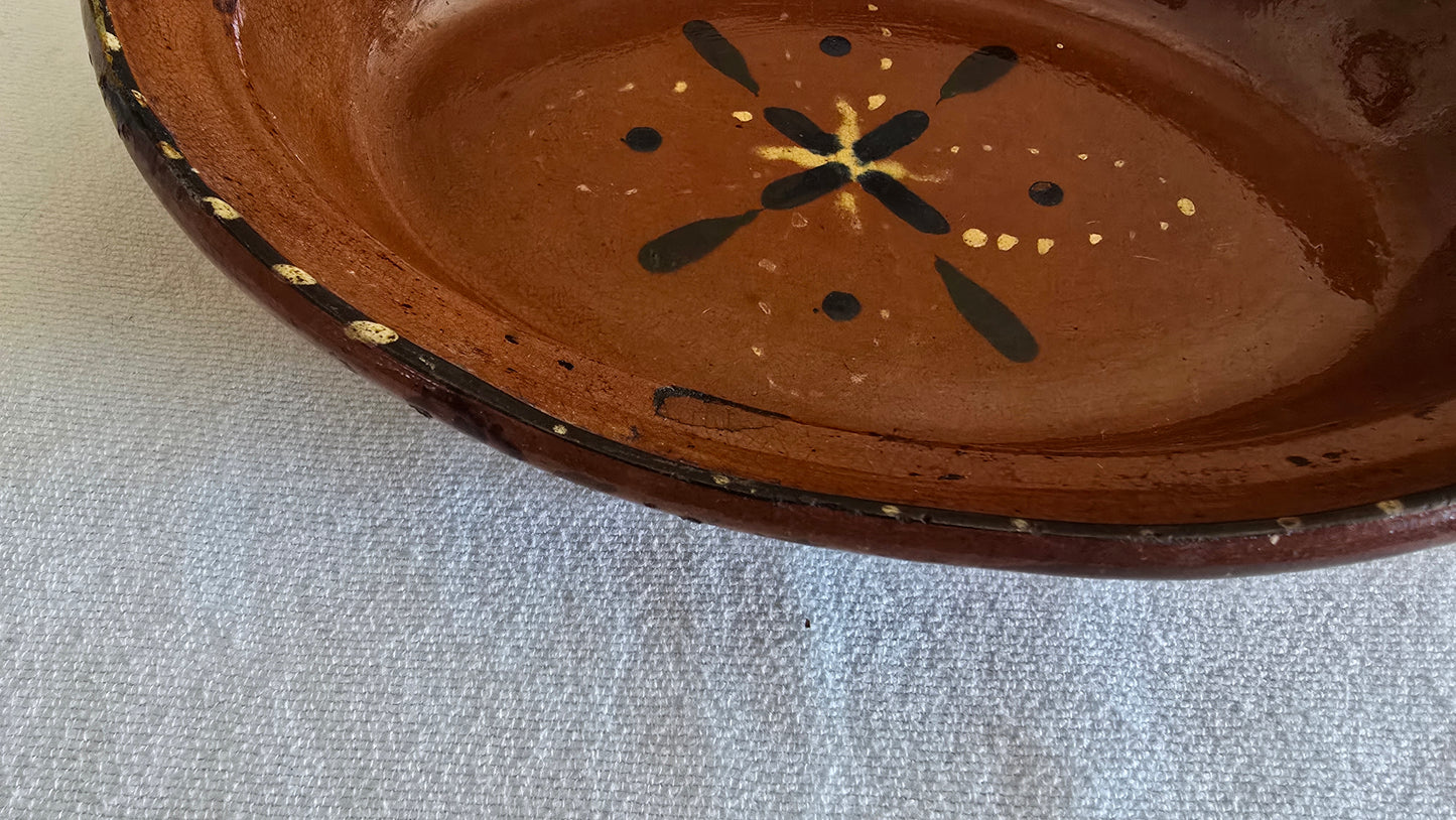 Vintage Redware Oval Platter Dish Painted Glazed