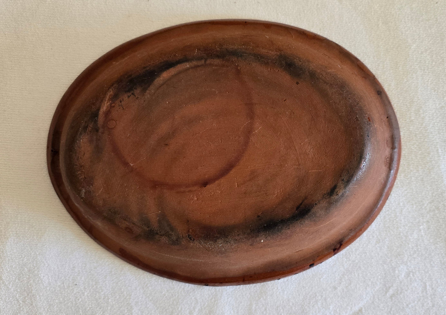 Vintage Redware Oval Platter Dish Painted Glazed