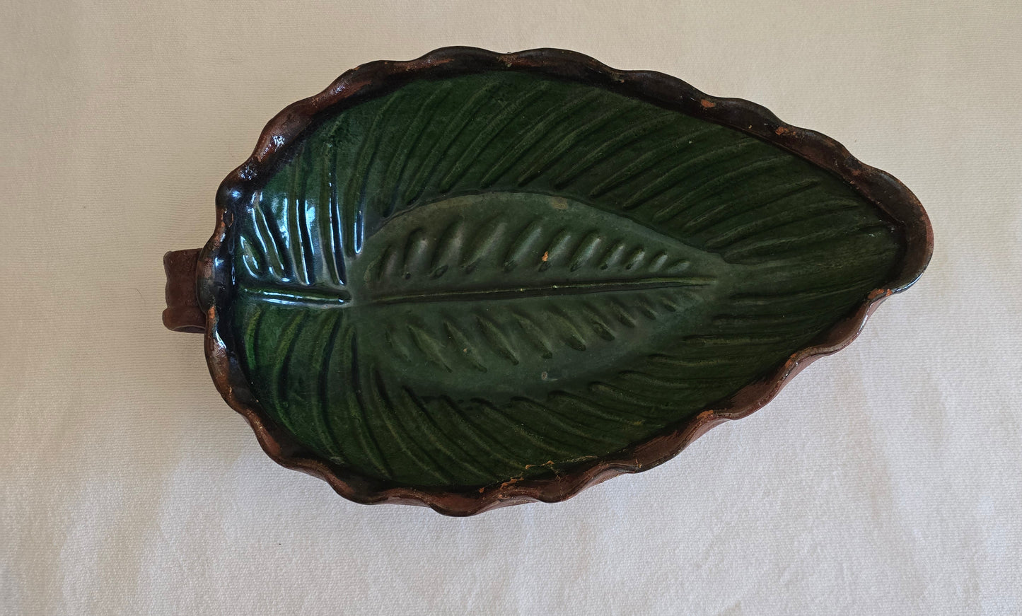 Vintage Redware Leaf Shaped Platter Dish Bowl Green