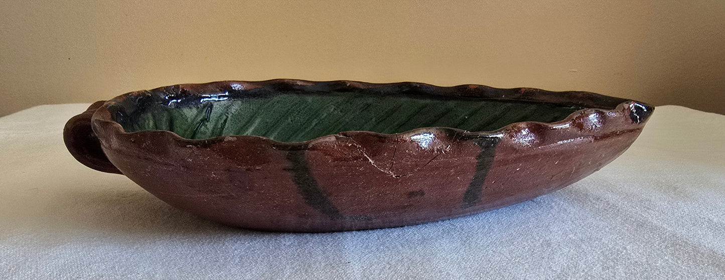 Vintage Redware Leaf Shaped Platter Dish Bowl Green