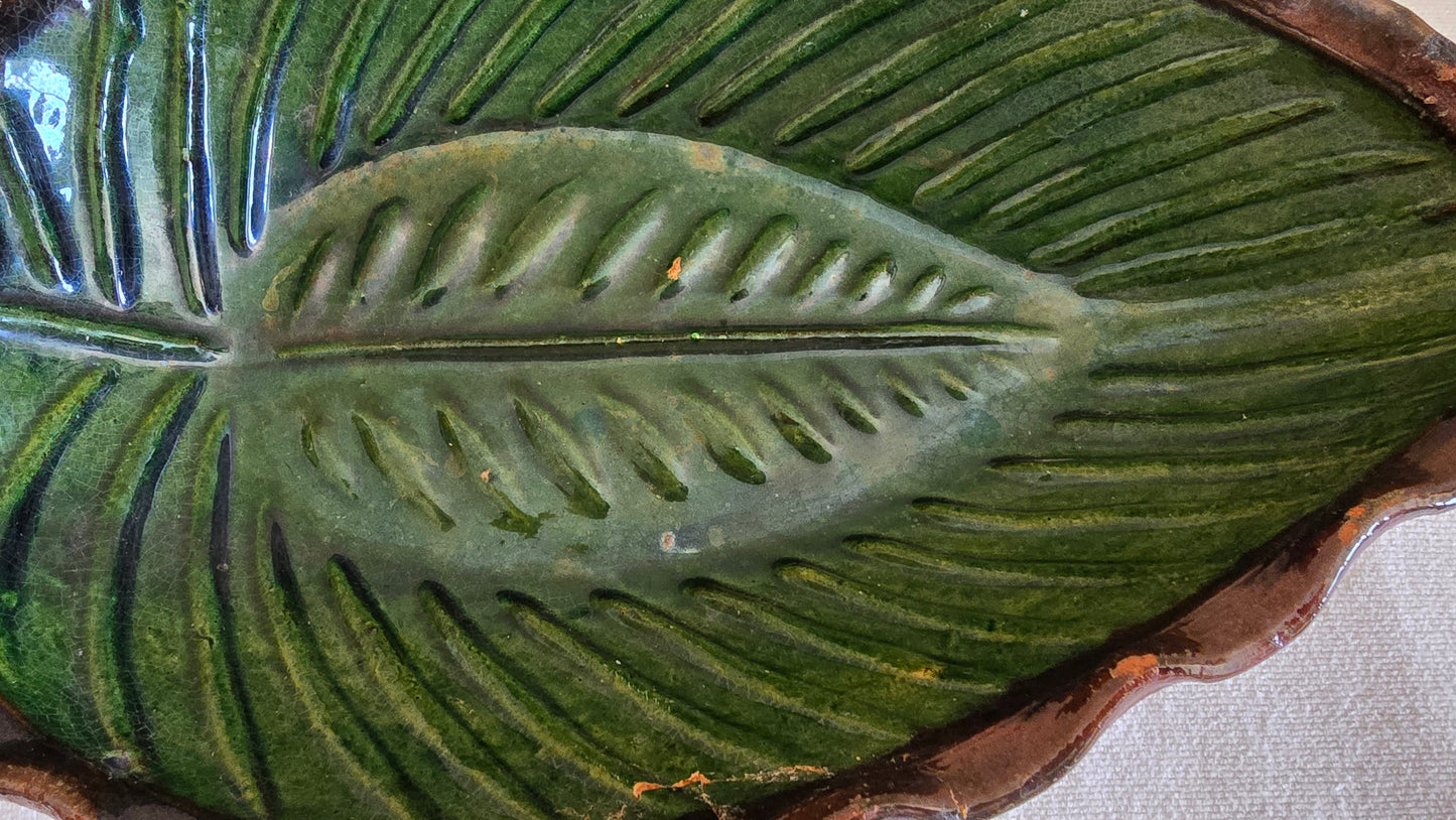 Vintage Redware Leaf Shaped Platter Dish Bowl Green