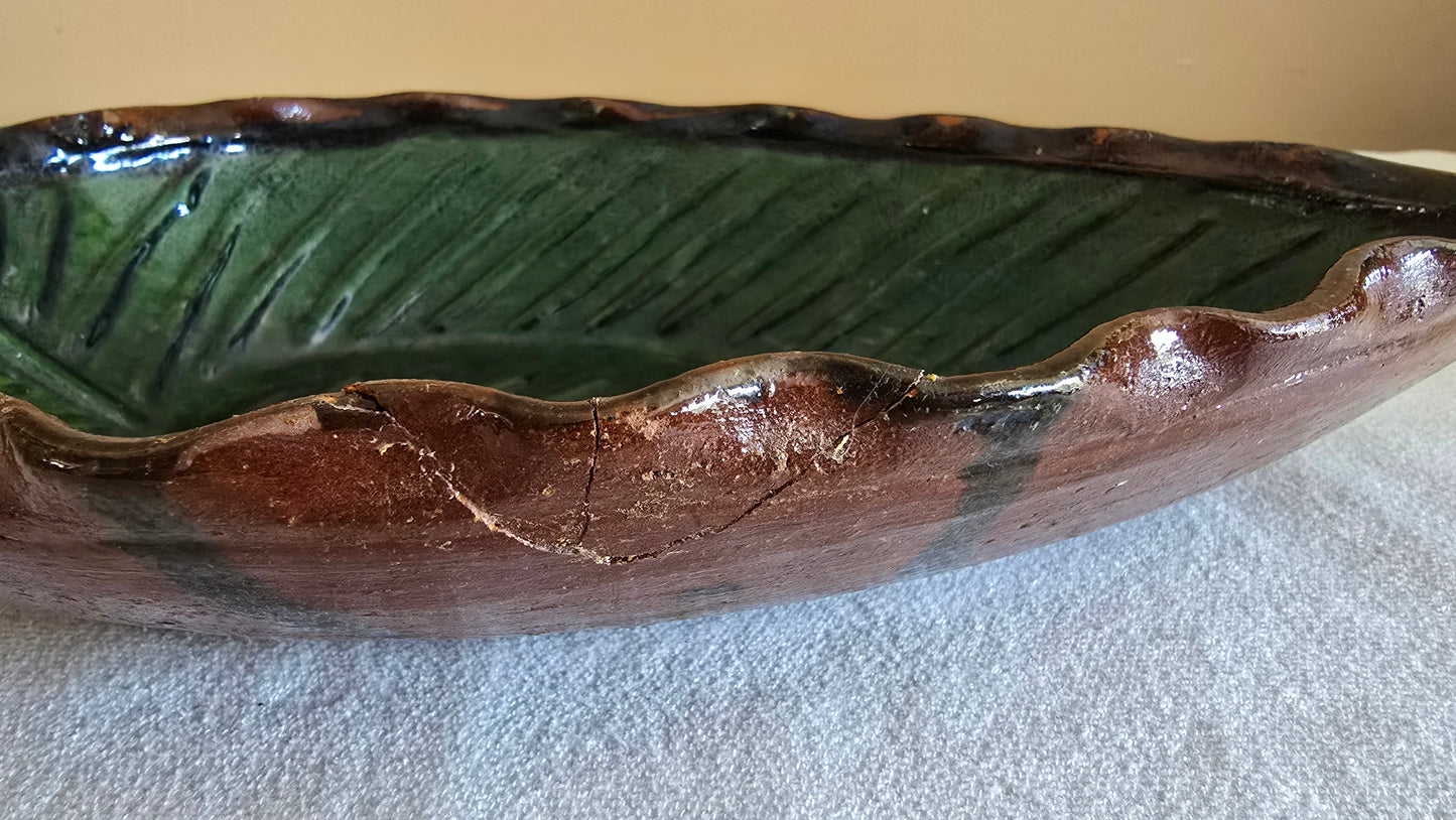 Vintage Redware Leaf Shaped Platter Dish Bowl Green