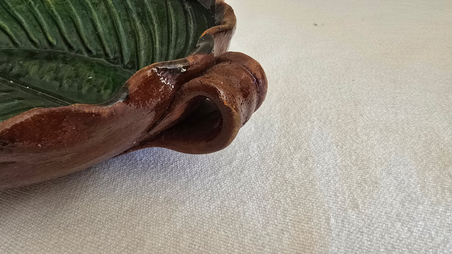 Vintage Redware Leaf Shaped Platter Dish Bowl Green