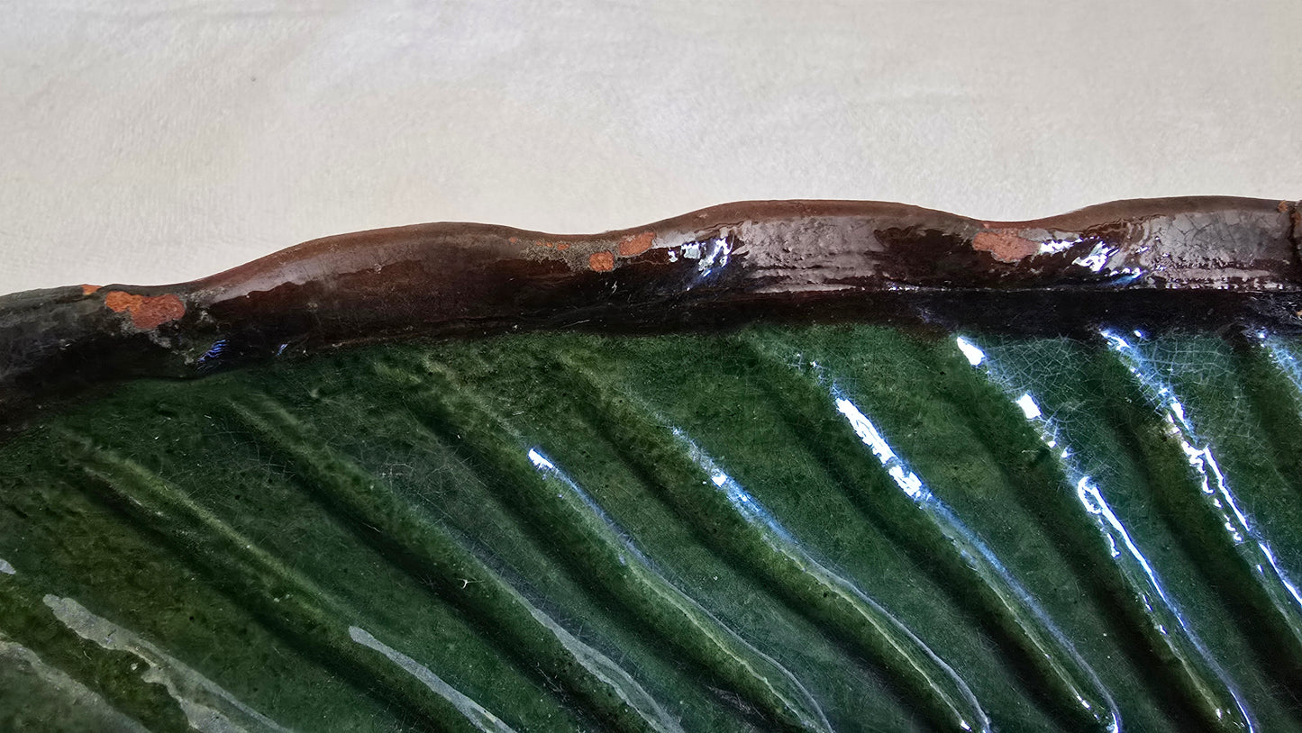 Vintage Redware Leaf Shaped Platter Dish Bowl Green
