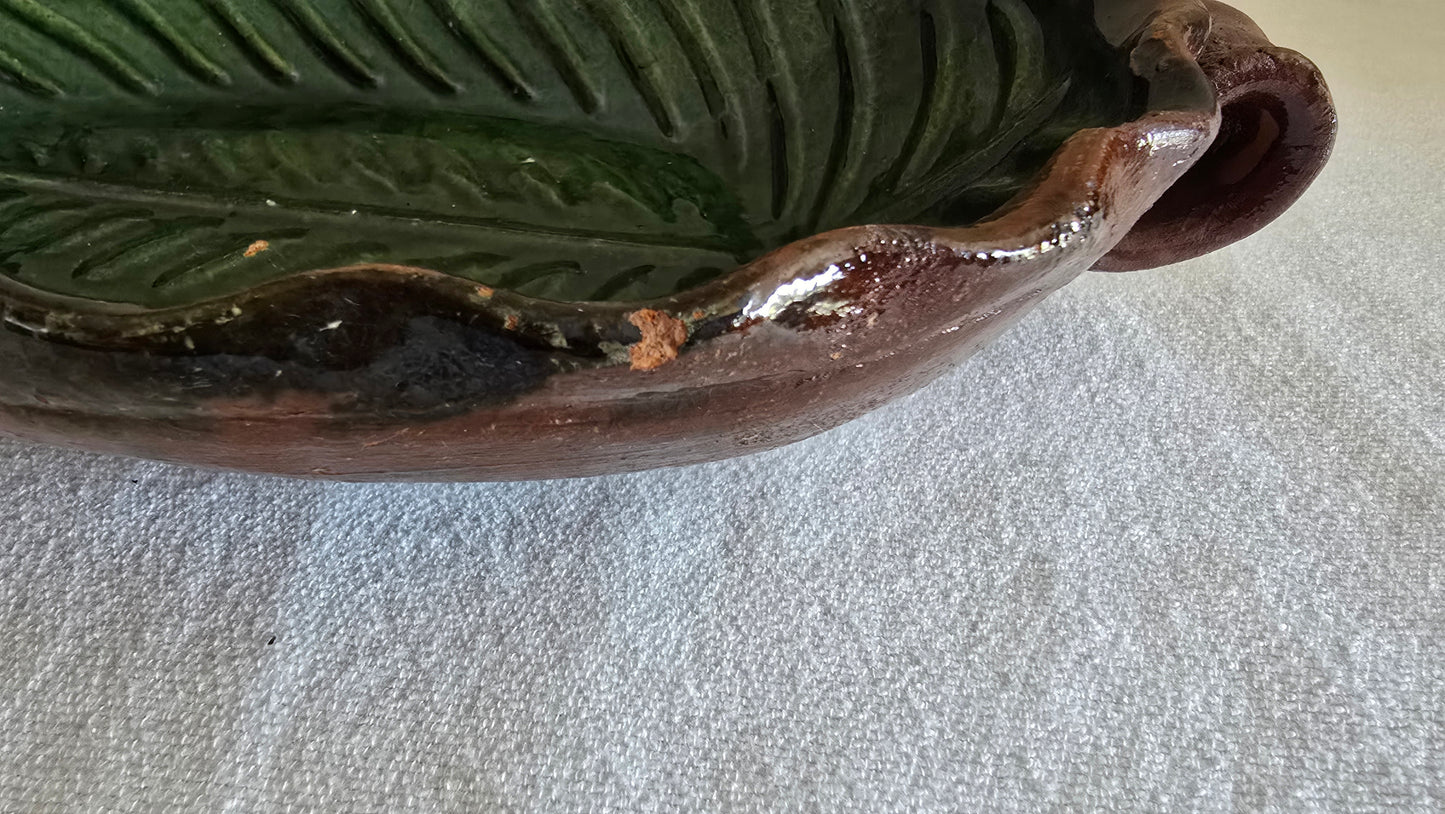 Vintage Redware Leaf Shaped Platter Dish Bowl Green