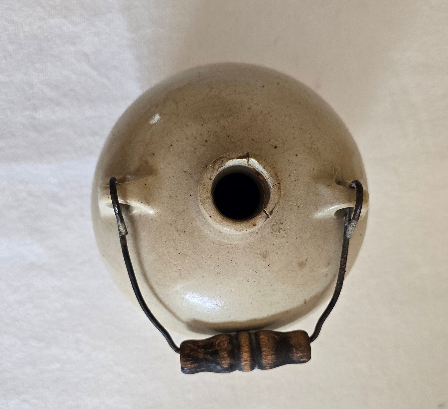 Antique Stoneware Crock Jug with Wooden Handle