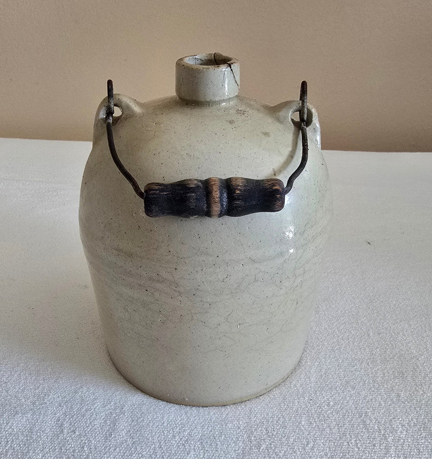 Antique Stoneware Crock Jug with Wooden Handle
