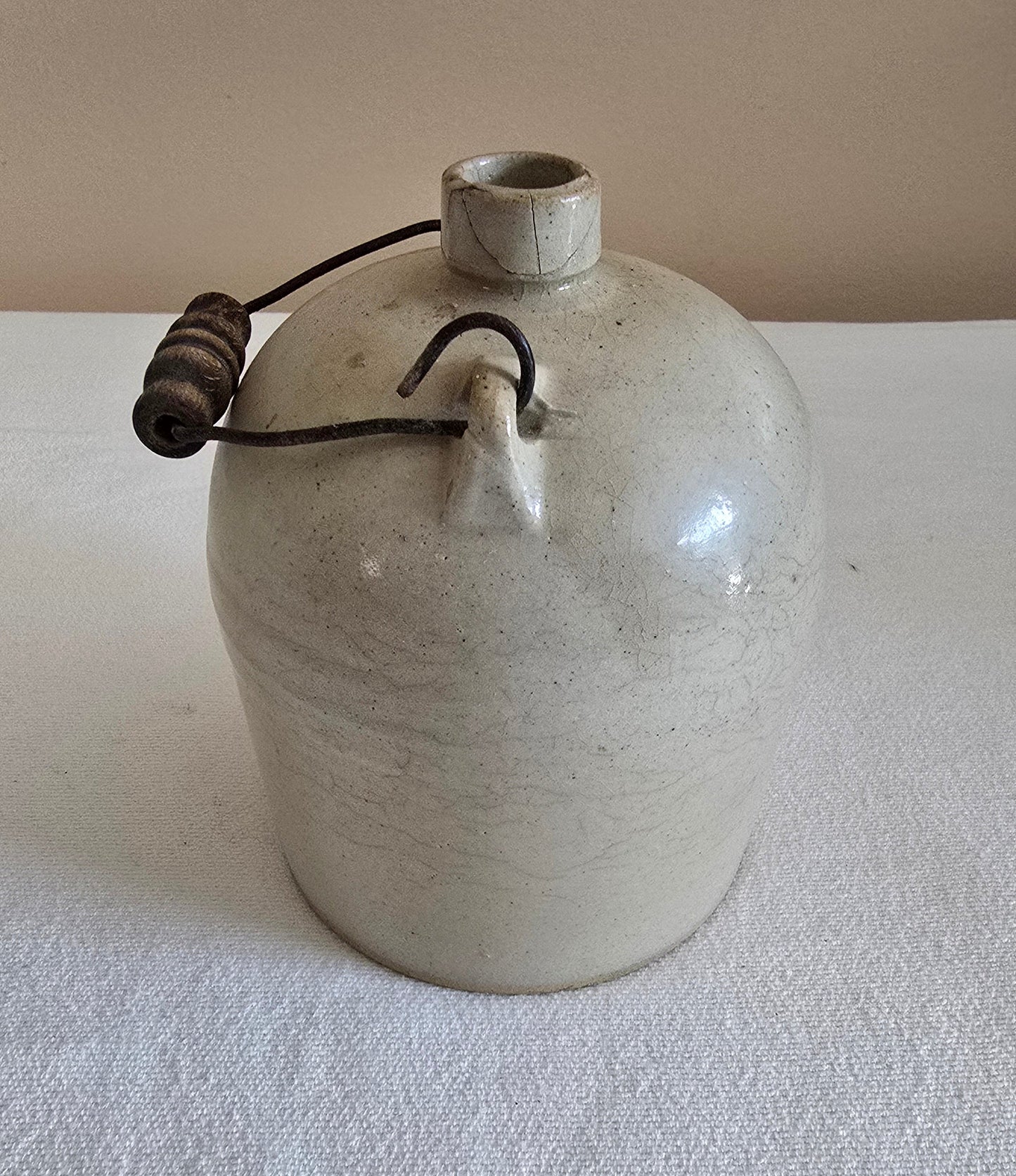 Antique Stoneware Crock Jug with Wooden Handle