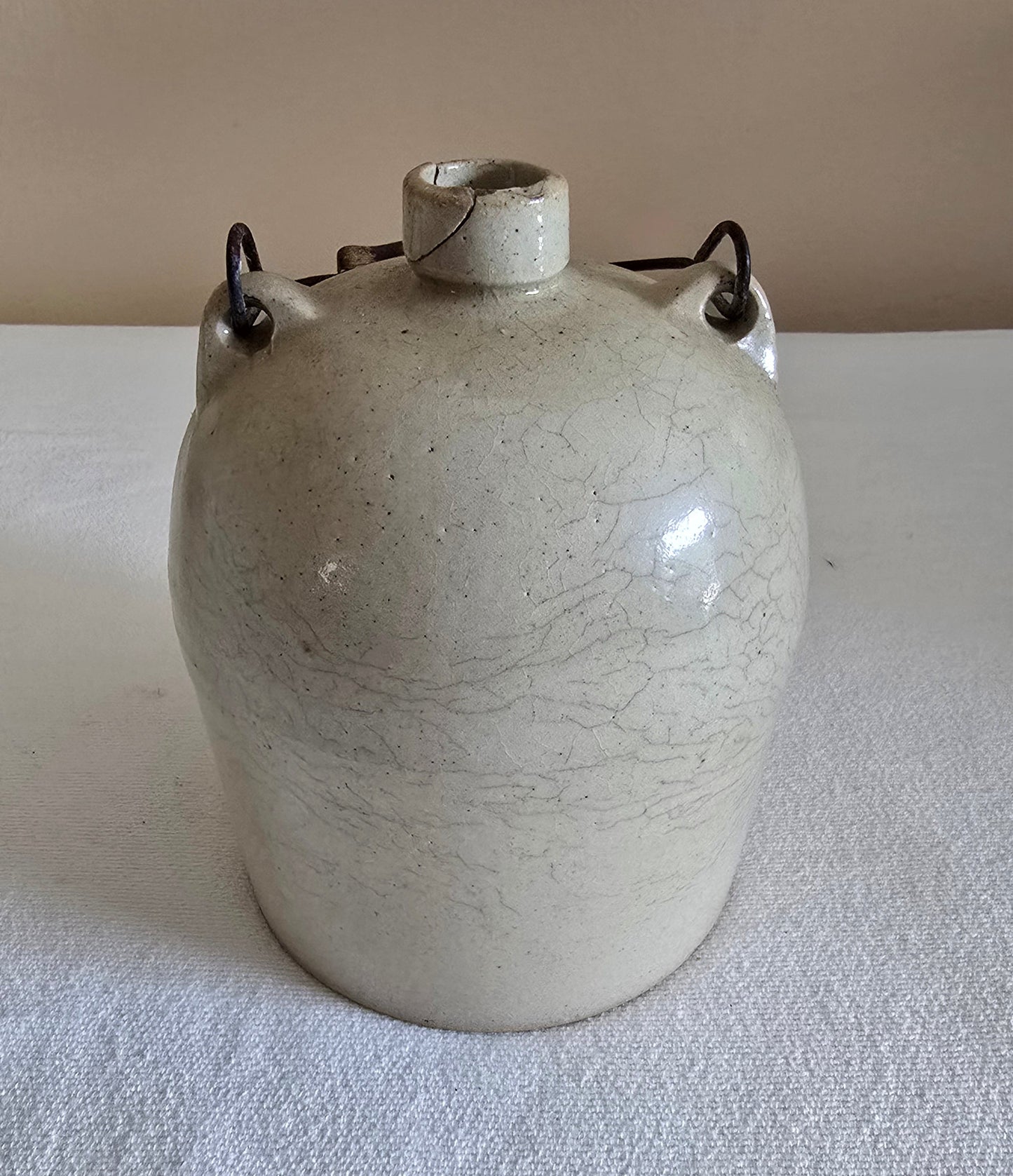Antique Stoneware Crock Jug with Wooden Handle