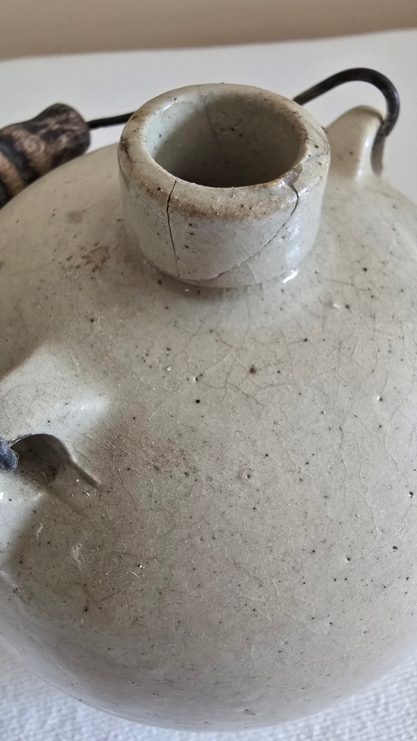 Antique Stoneware Crock Jug with Wooden Handle