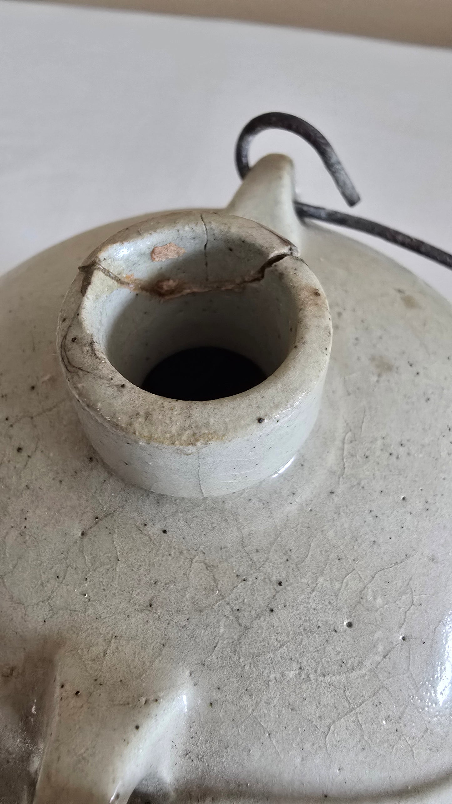 Antique Stoneware Crock Jug with Wooden Handle