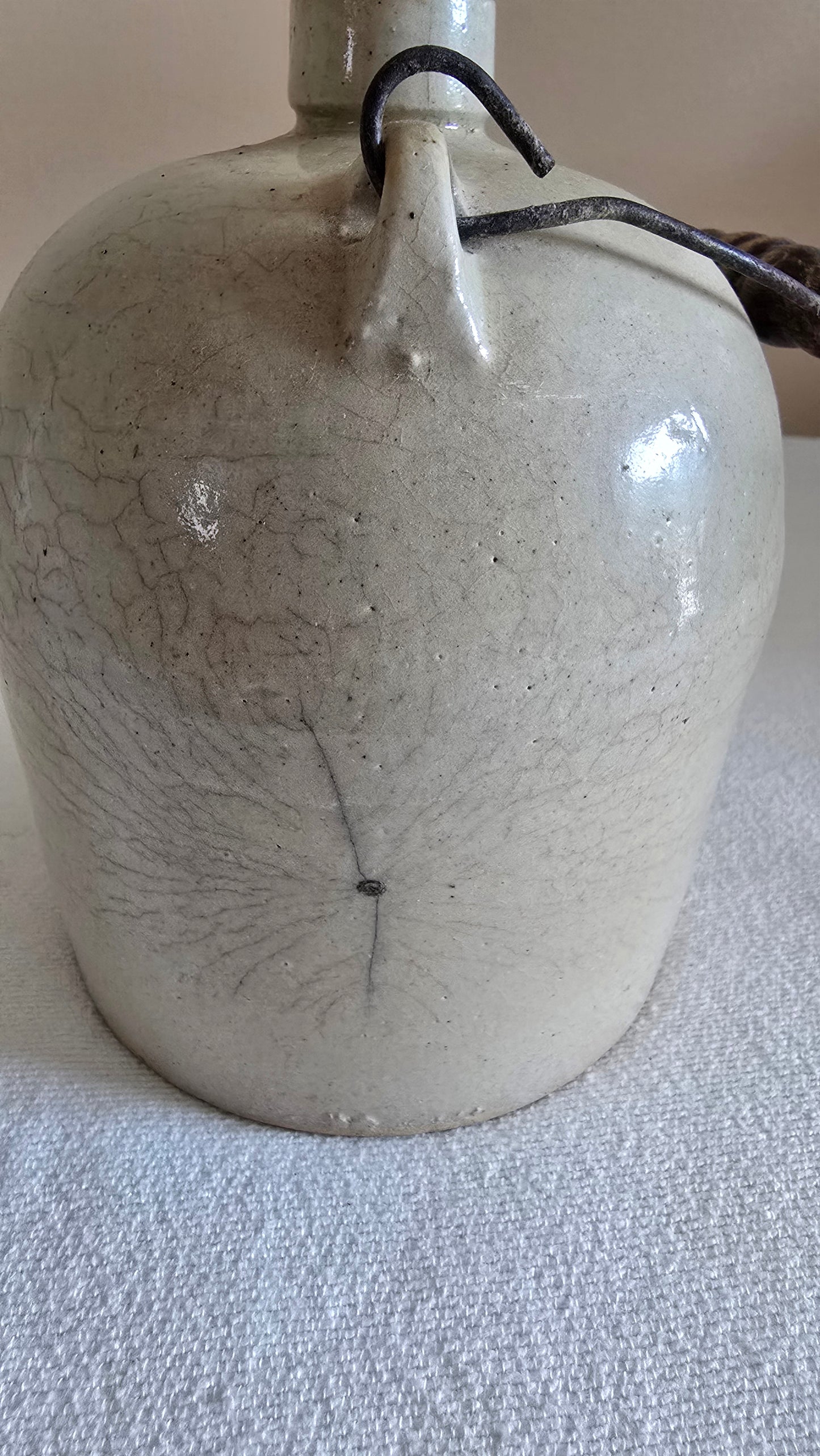 Antique Stoneware Crock Jug with Wooden Handle