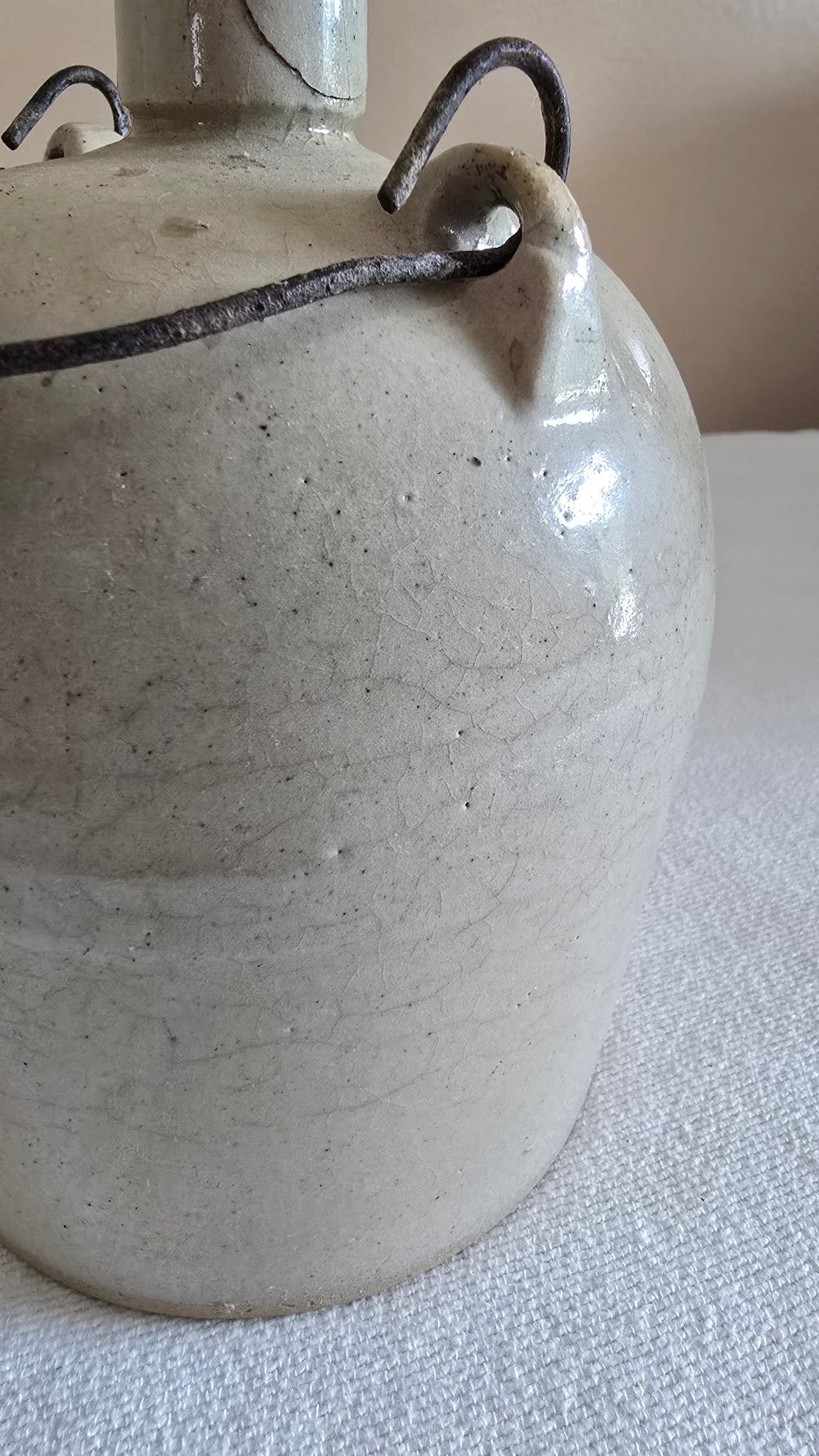 Antique Stoneware Crock Jug with Wooden Handle