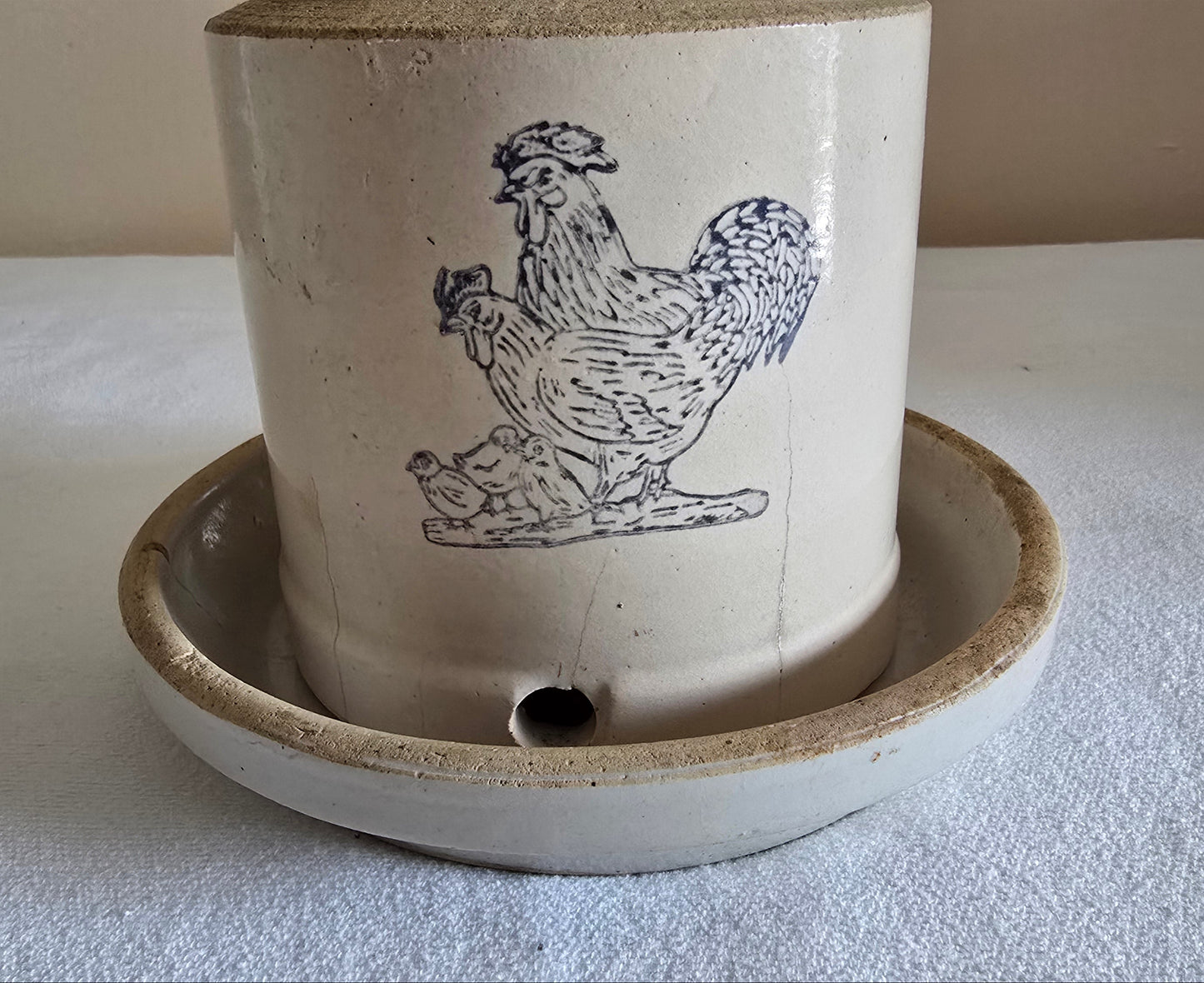 Vintage Stoneware Poultry Chicken Waterer Feeder Crock with Cobalt Blue Chickens with Dish