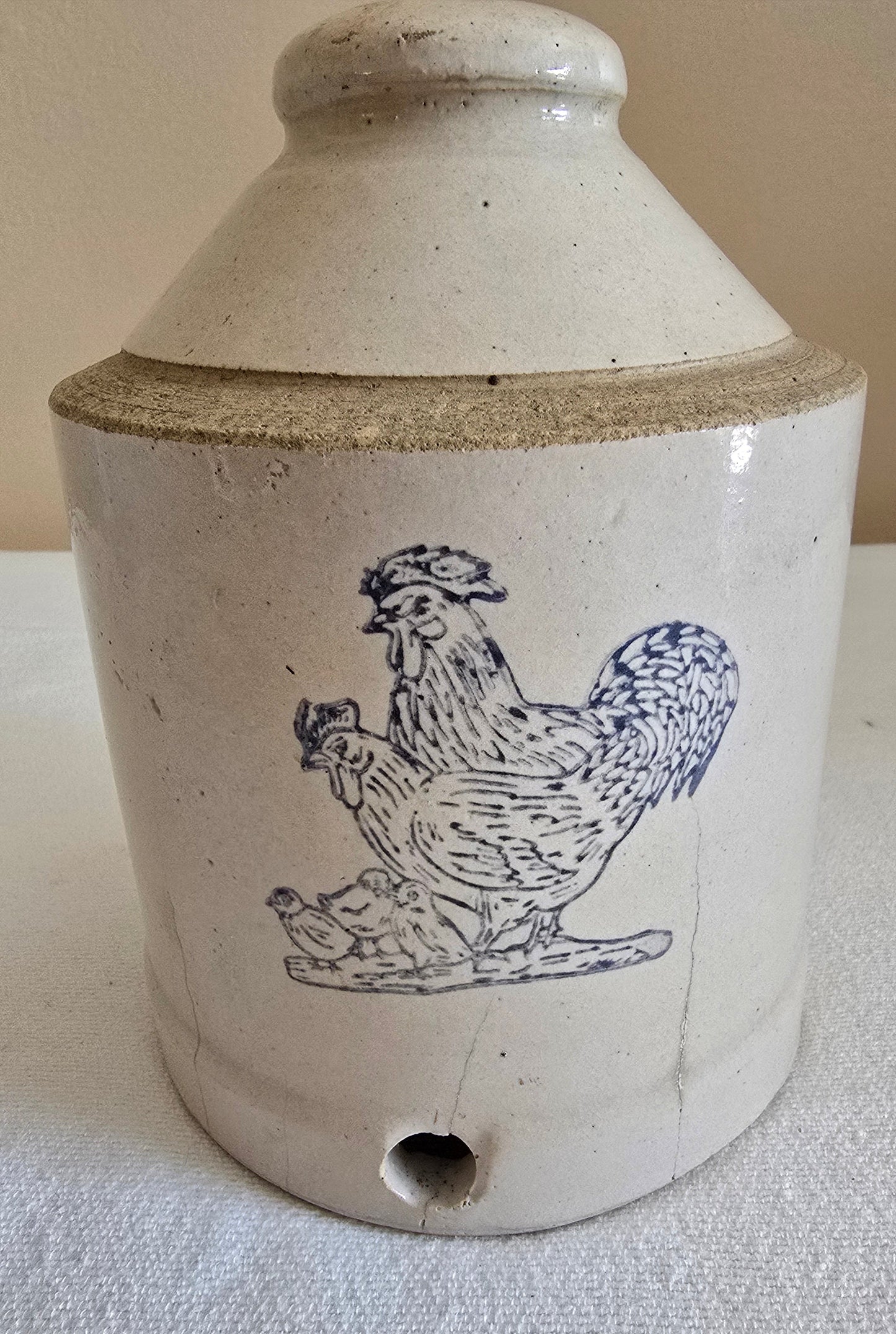 Vintage Stoneware Poultry Chicken Waterer Feeder Crock with Cobalt Blue Chickens with Dish