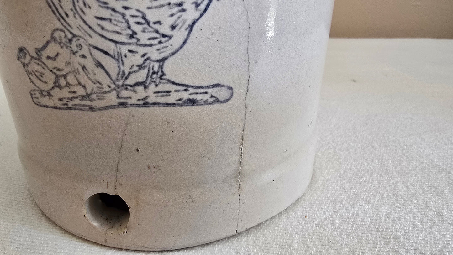 Vintage Stoneware Poultry Chicken Waterer Feeder Crock with Cobalt Blue Chickens with Dish